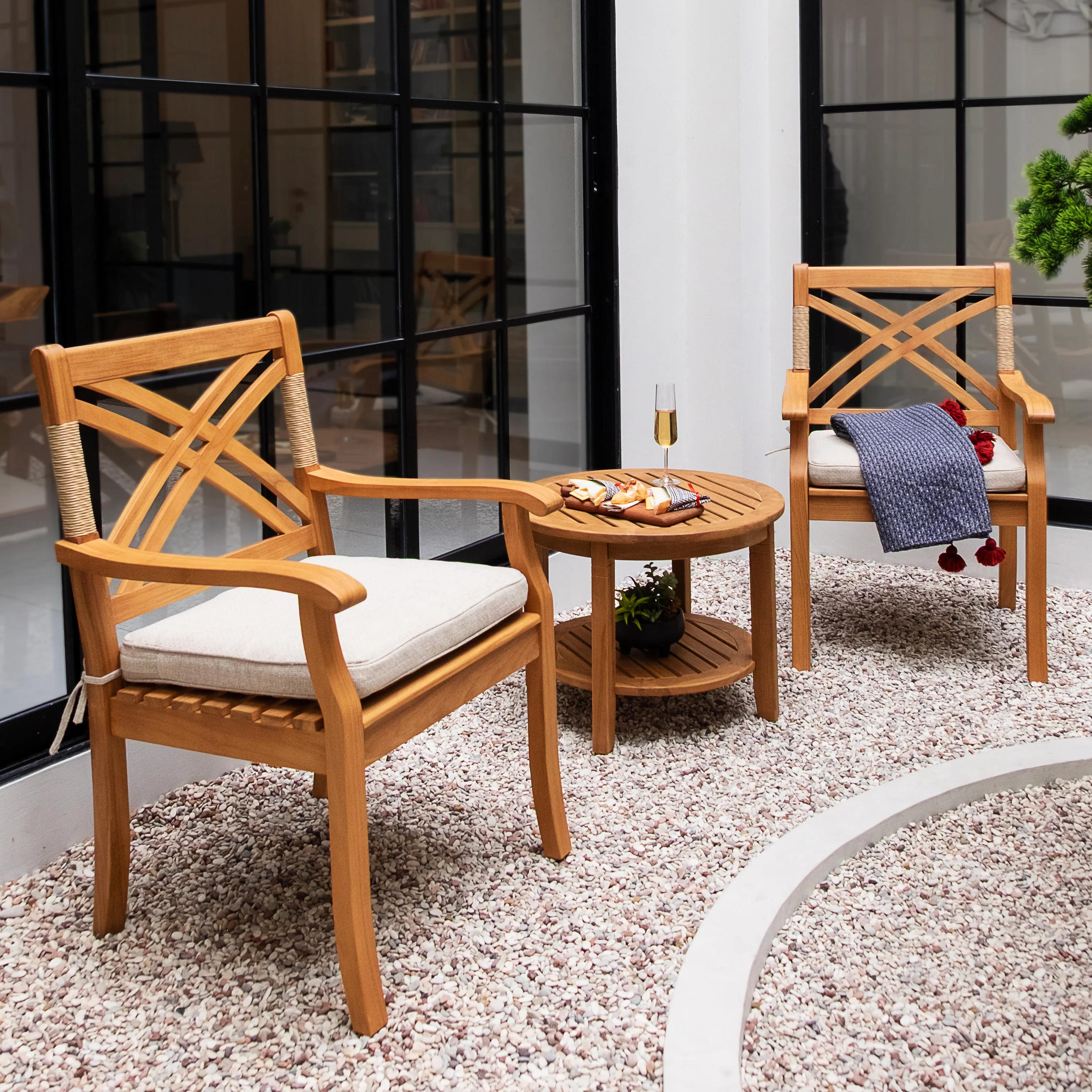 Carmel Teak Wood 3 Piece Outdoor Bistro Set with Tan Seatpad - Image 3