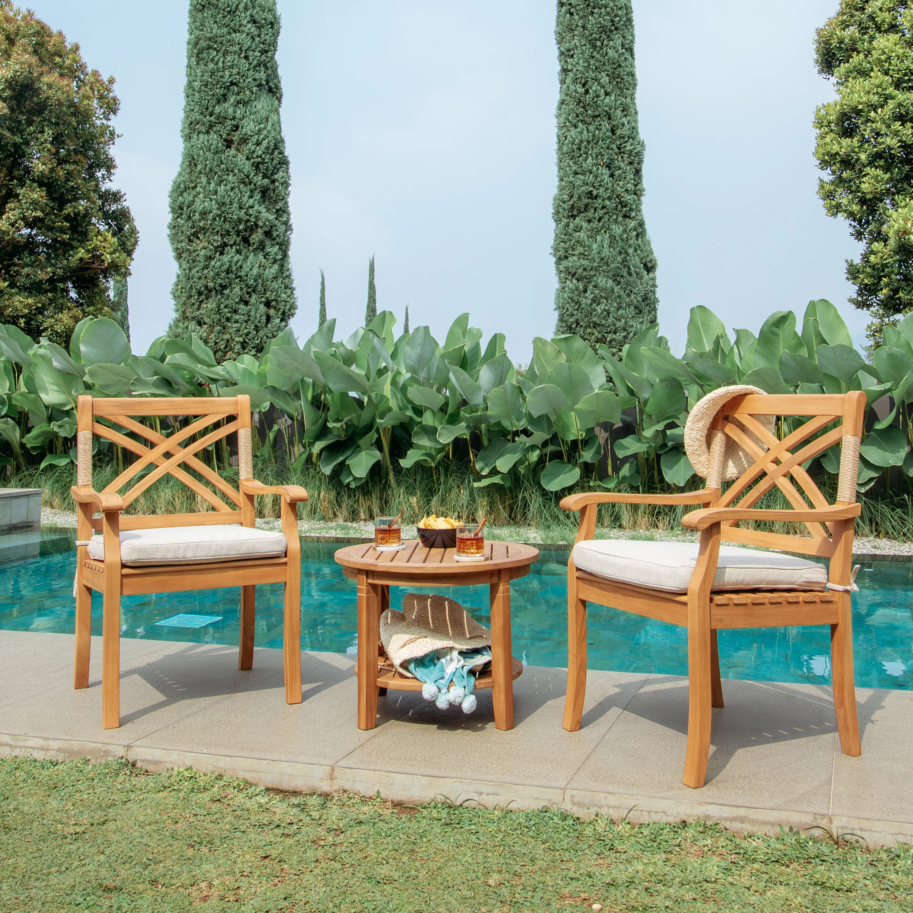 Carmel Teak Wood 3 Piece Outdoor Bistro Set with Tan Seatpad - Image 5