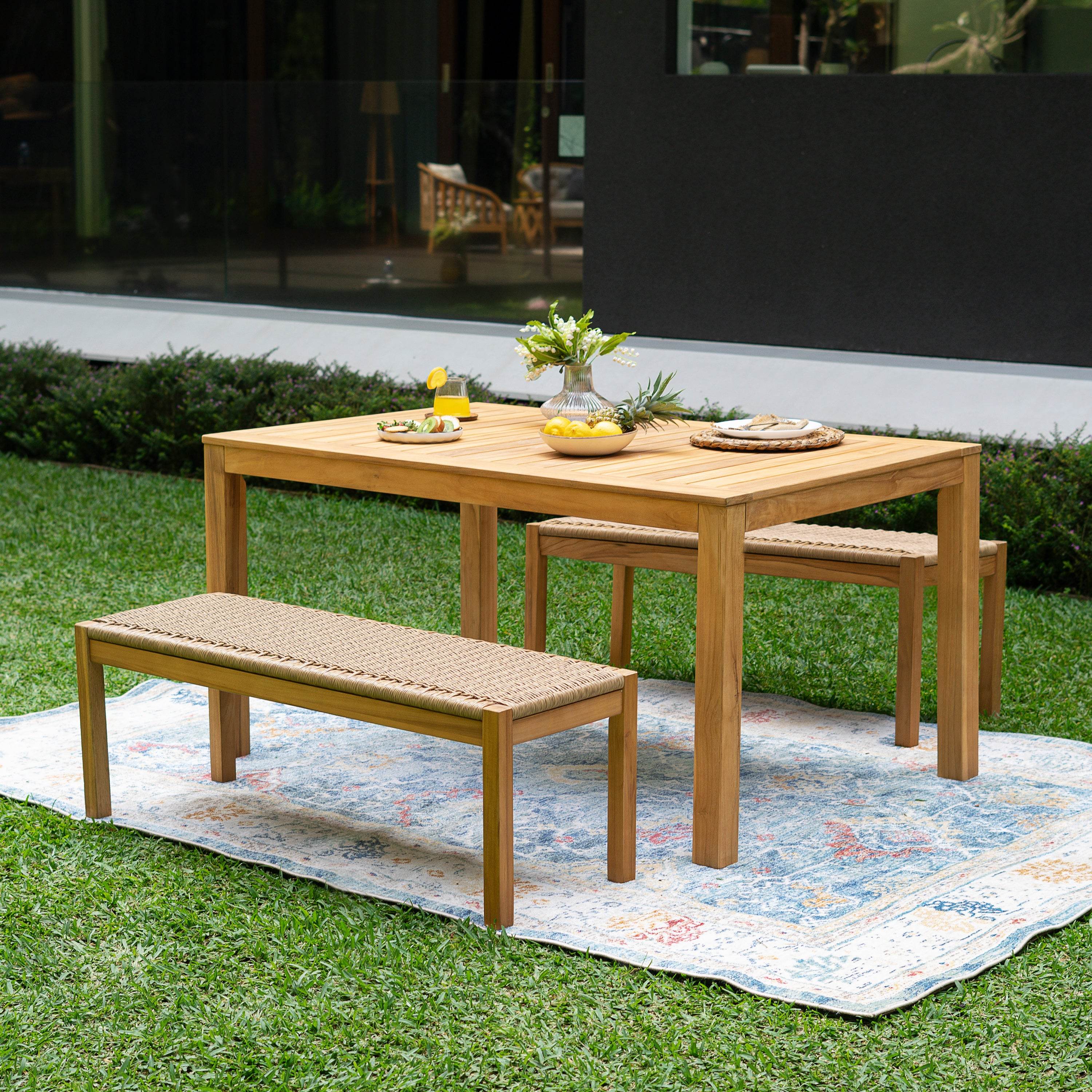 Carmel Teak Wood 3 Pieces Outdoor Picnic Dining Set with Honey Twist Wicker - Image 3