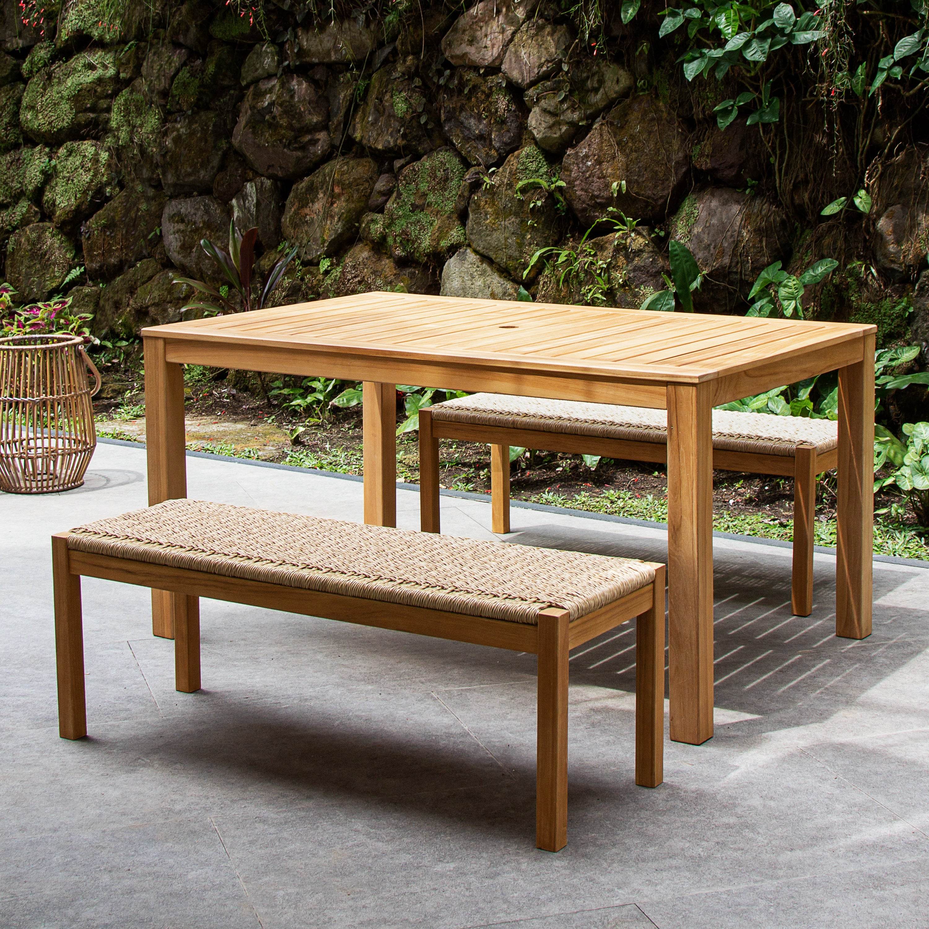 Carmel Teak Wood 3 Pieces Outdoor Picnic Dining Set with Honey Twist Wicker - Image 7