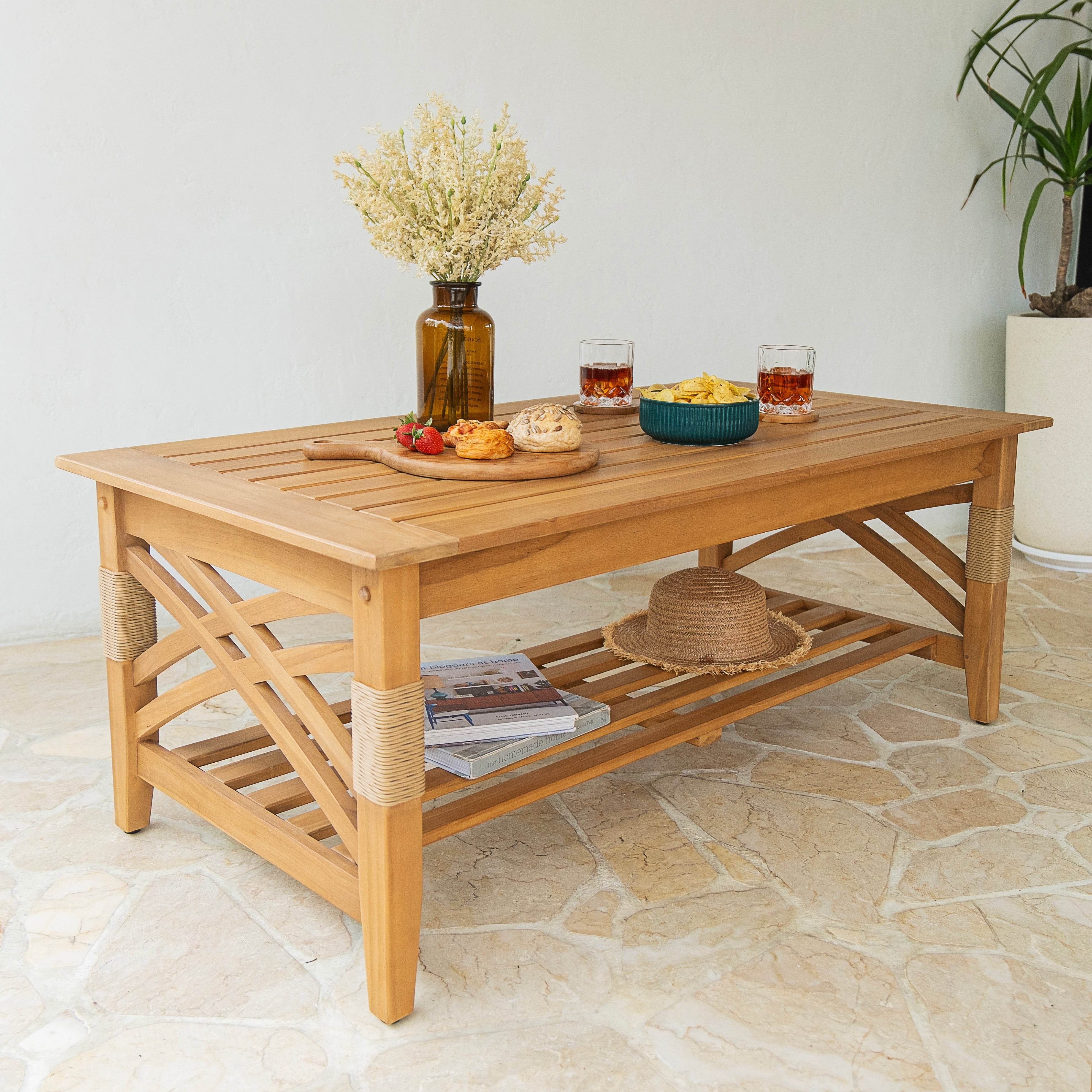 Carmel Teak Wood 4 Piece Outdoor Conversation Set with Tan Cushion - Image 10