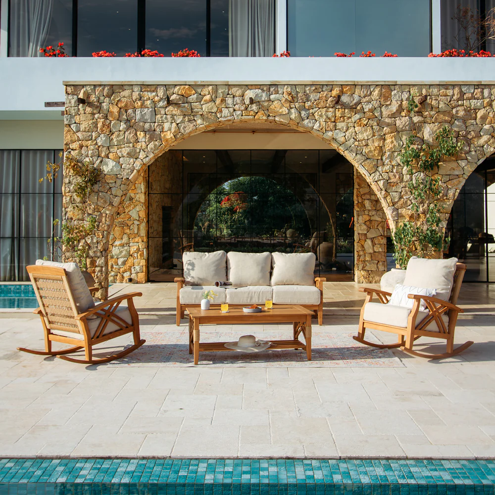 Carmel Teak Wood 4 Piece Outdoor Conversation Set with Tan Cushion - Image 2