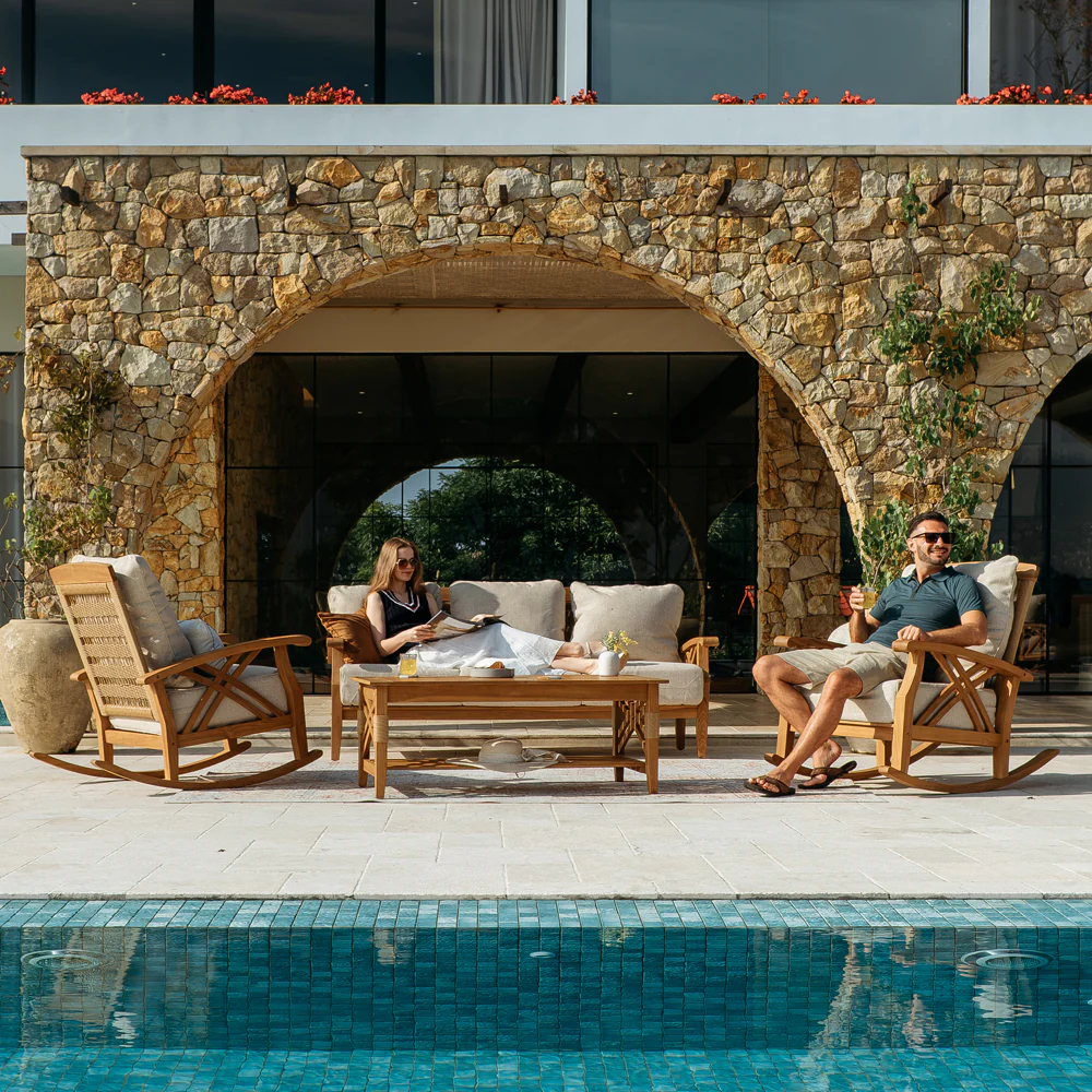 Carmel Teak Wood 4 Piece Outdoor Conversation Set with Tan Cushion - Image 3