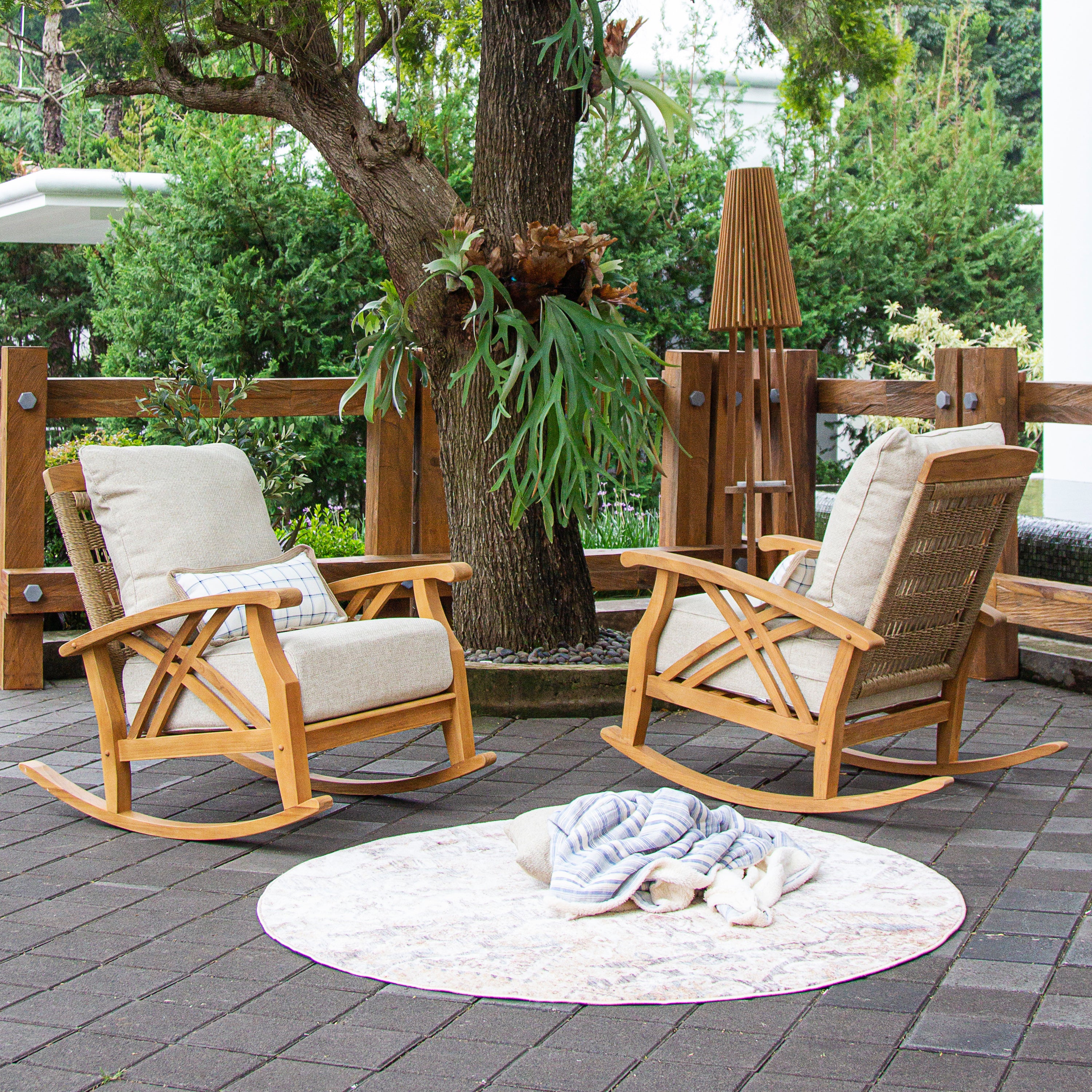 Carmel Teak Wood 4 Piece Outdoor Conversation Set with Tan Cushion - Image 7