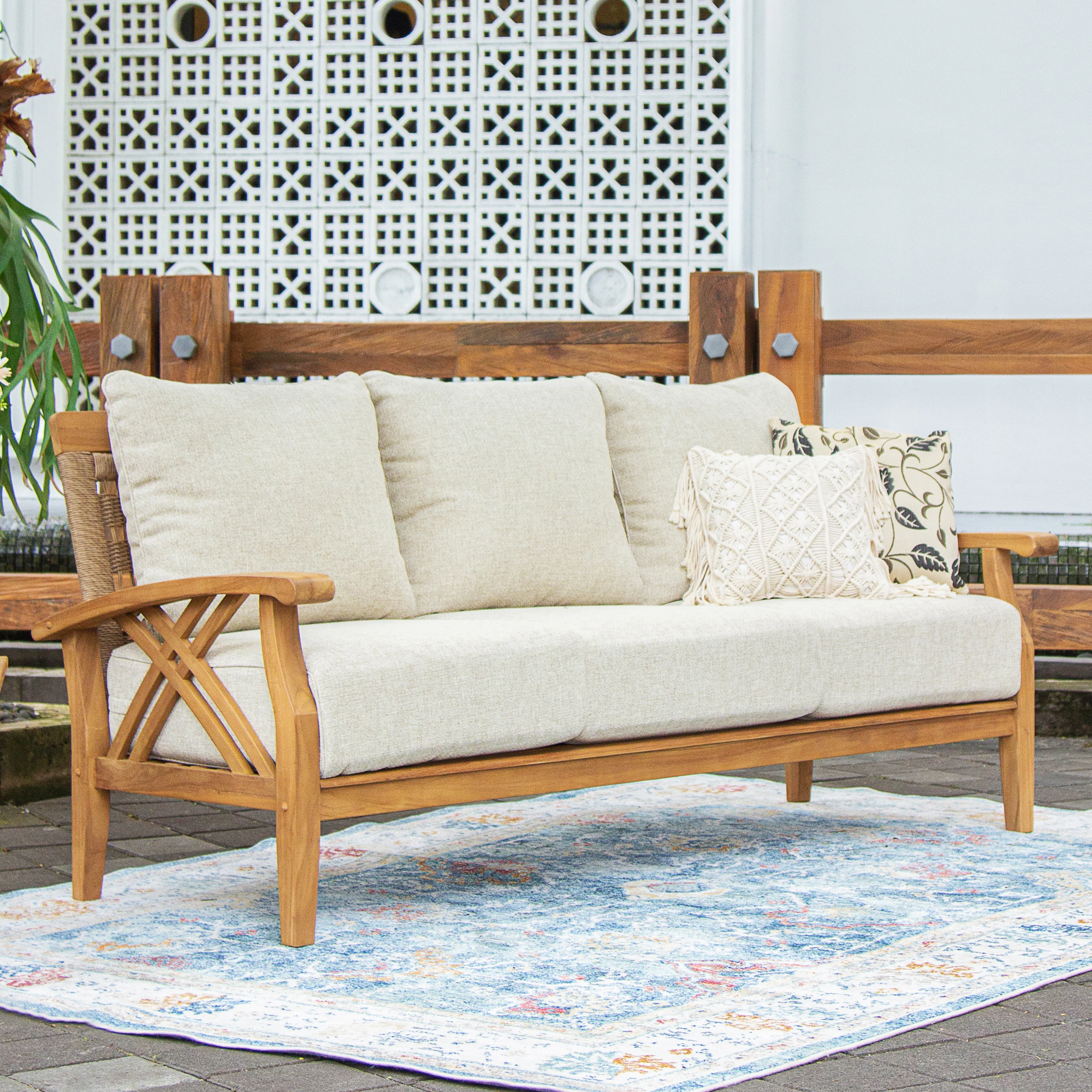 Carmel Teak Wood 4 Piece Outdoor Conversation Set with Tan Cushion - Image 8