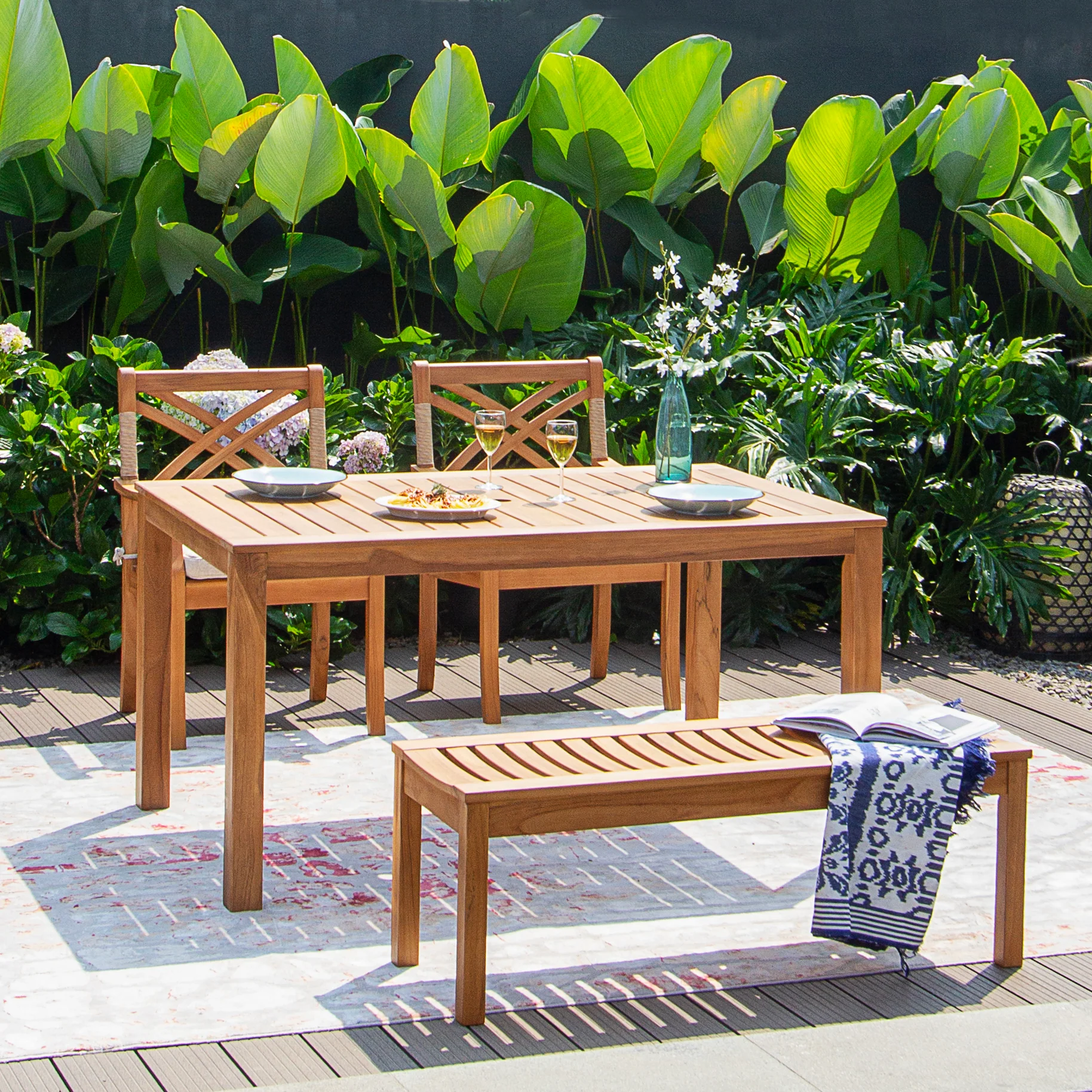 Carmel Teak Wood 4 Piece Outdoor Dining Set with Backless Bench - Image 2