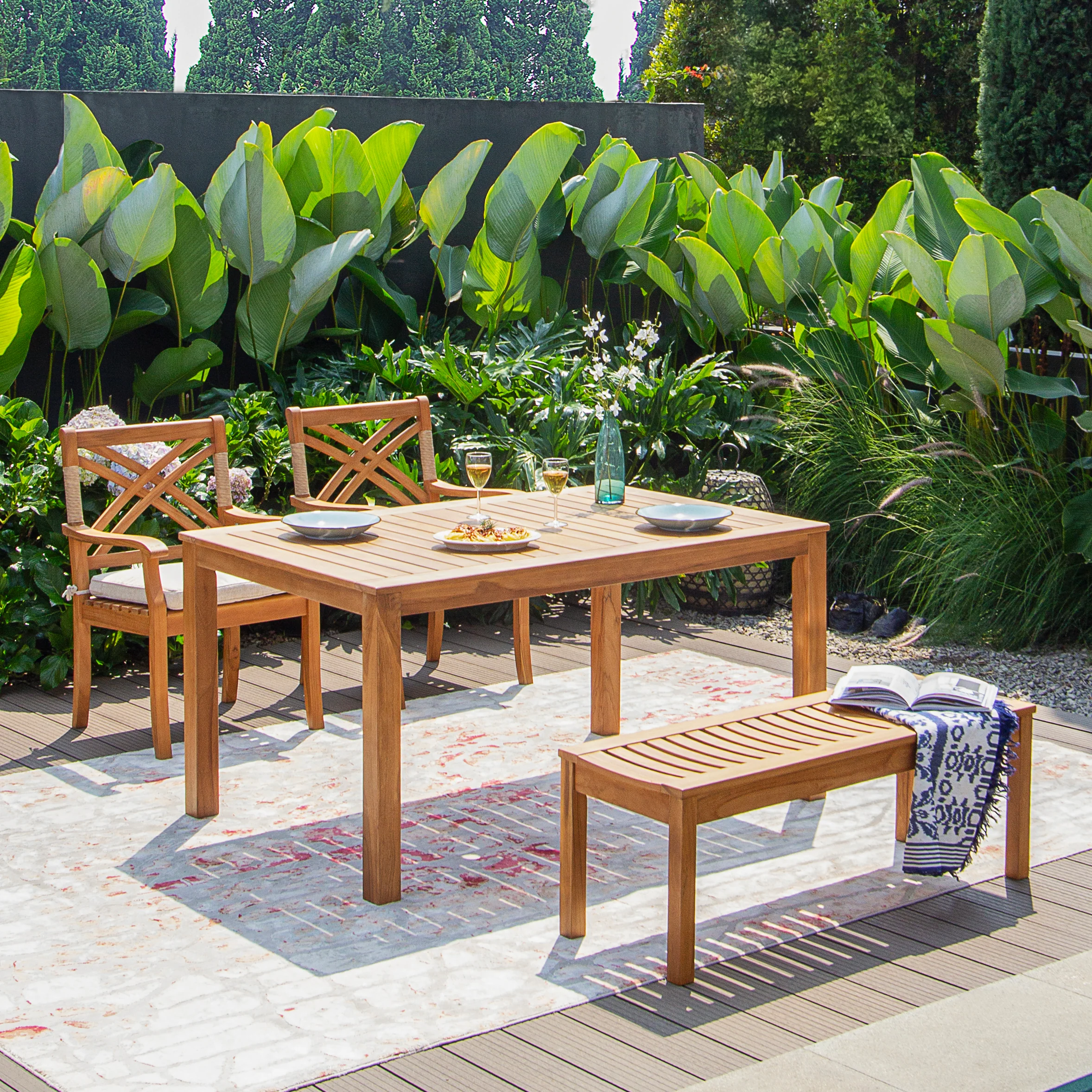 Carmel Teak Wood 4 Piece Outdoor Dining Set with Backless Bench - Image 3