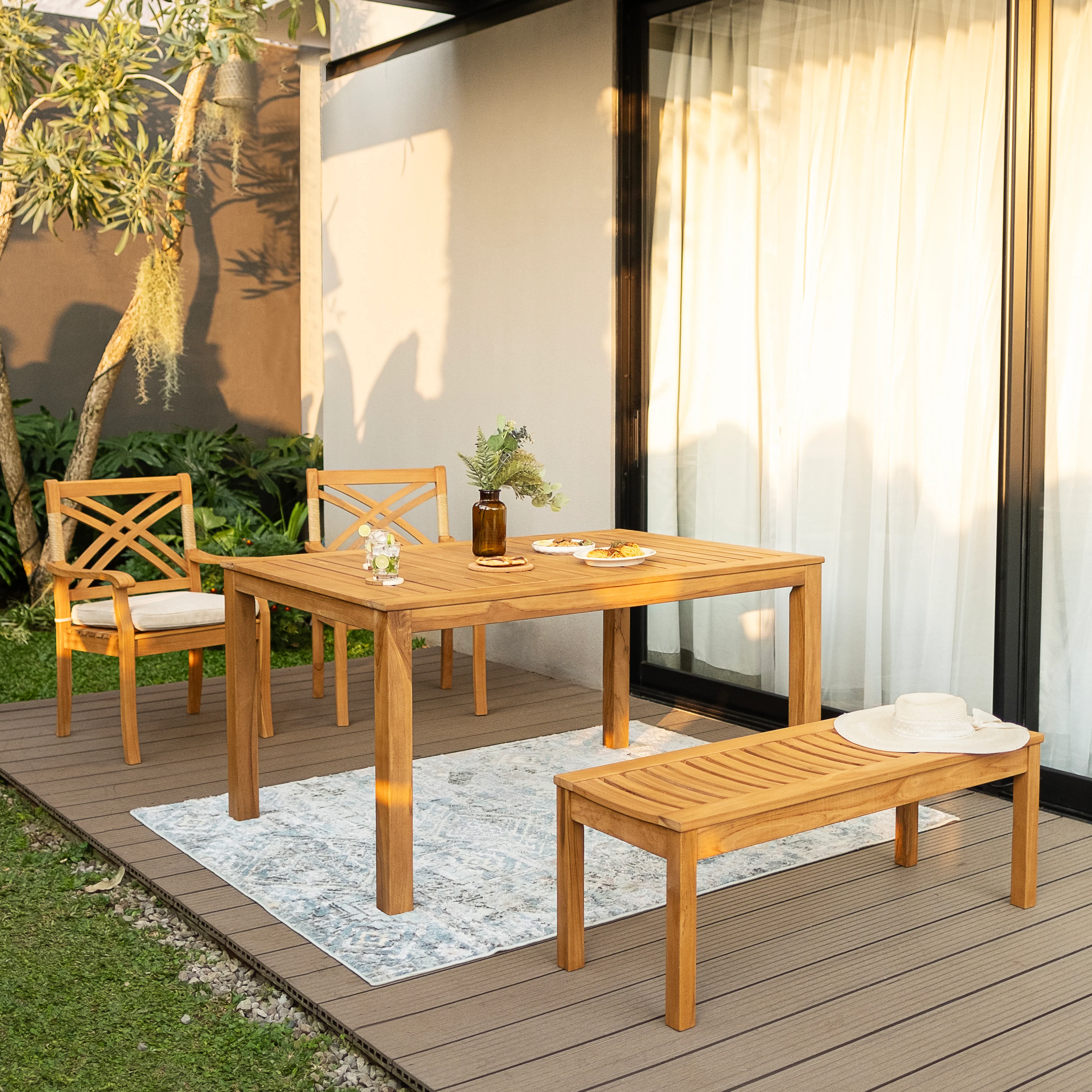 Carmel Teak Wood 4 Piece Outdoor Dining Set with Backless Bench - Image 7