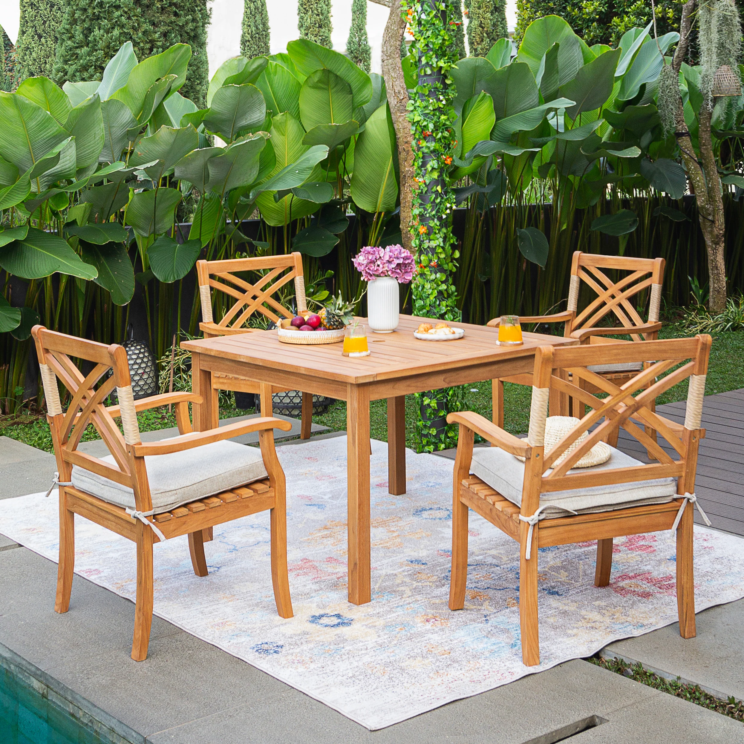 Carmel Teak Wood 5 Piece Outdoor Dining Set - Image 4