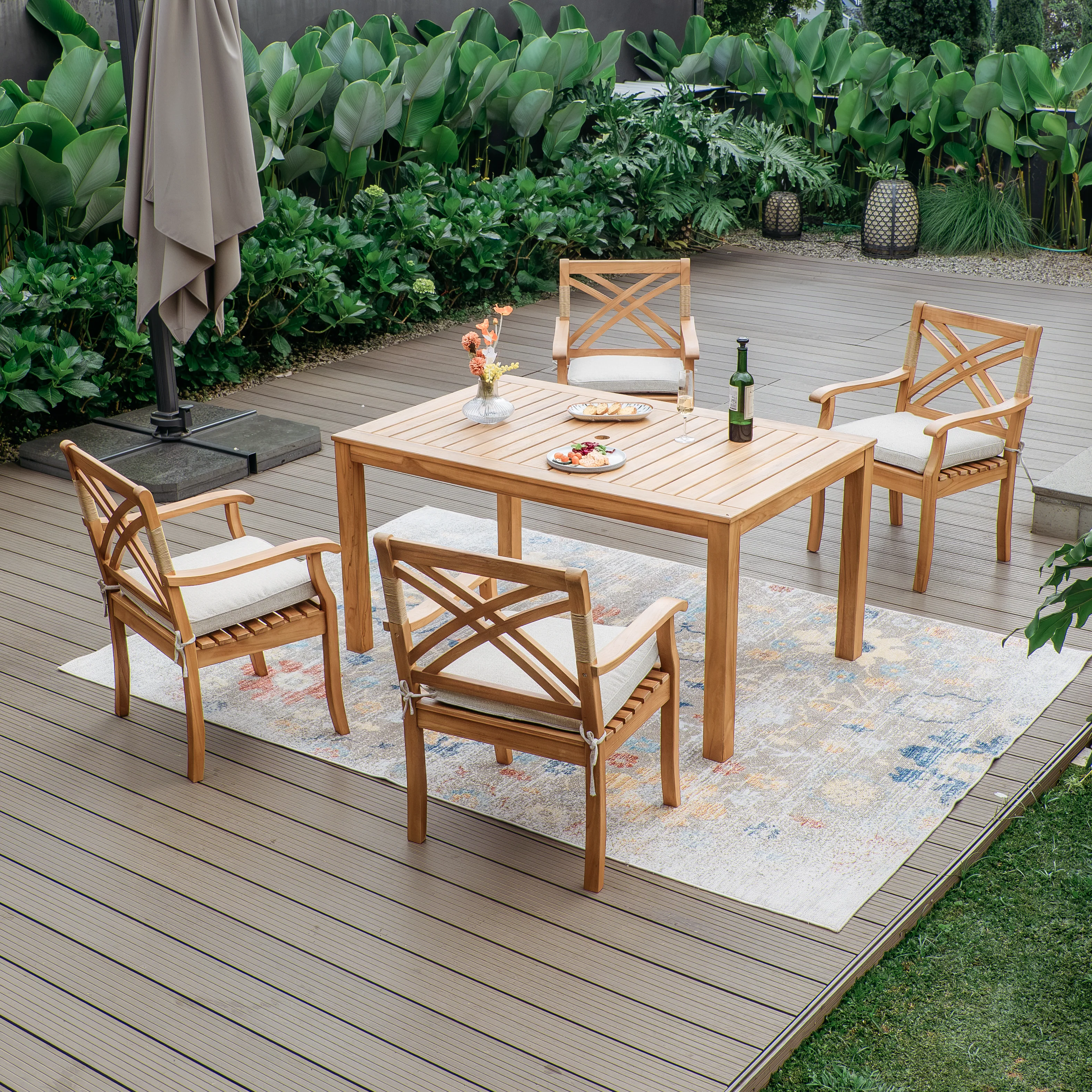 Carmel Teak Wood 5 Piece Outdoor Rectangular Dining Table with Tan Seatpad - Image 2