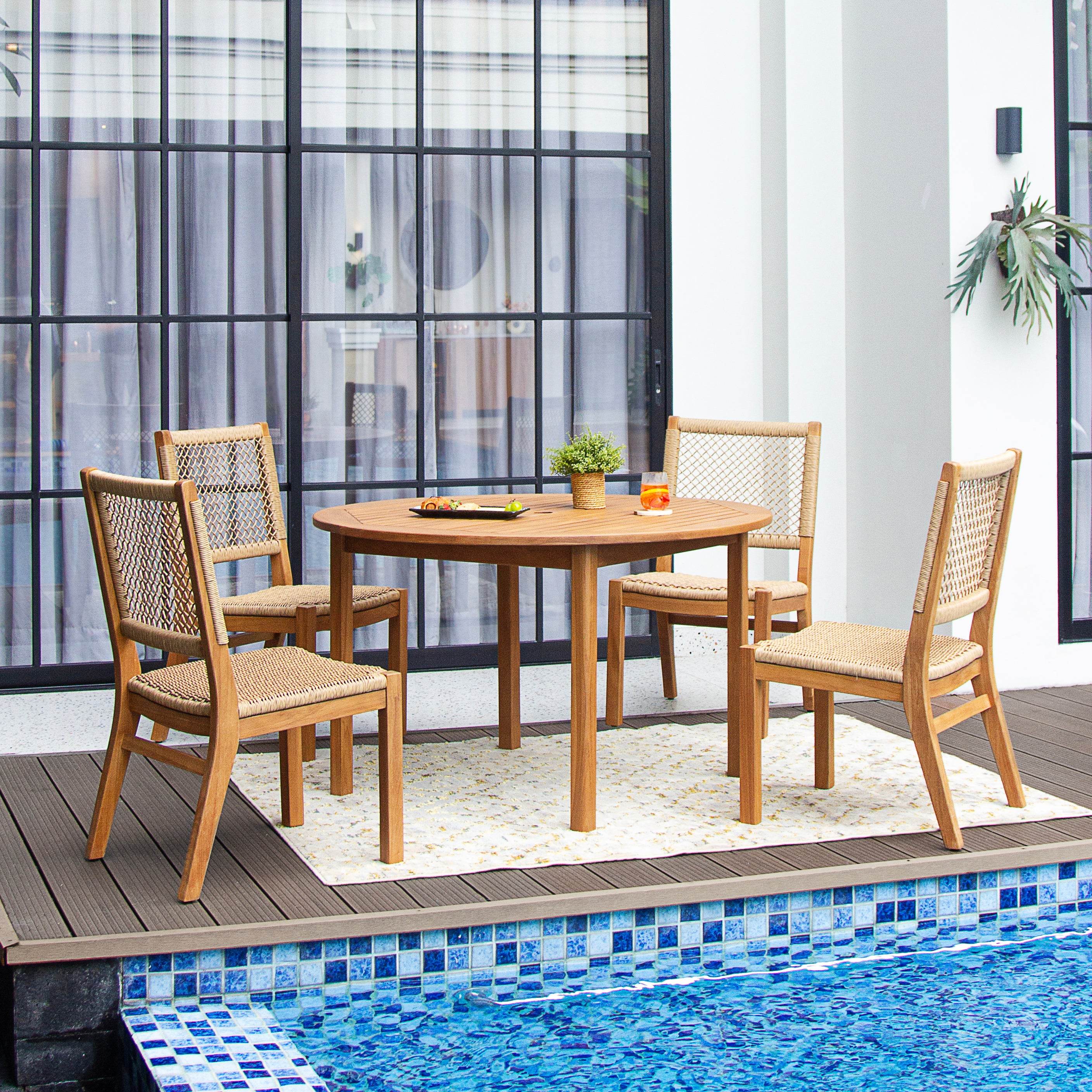 Carmel Teak Wood 5 Pieces Patio Dining Set with Honey Twist Wicker - Image 3