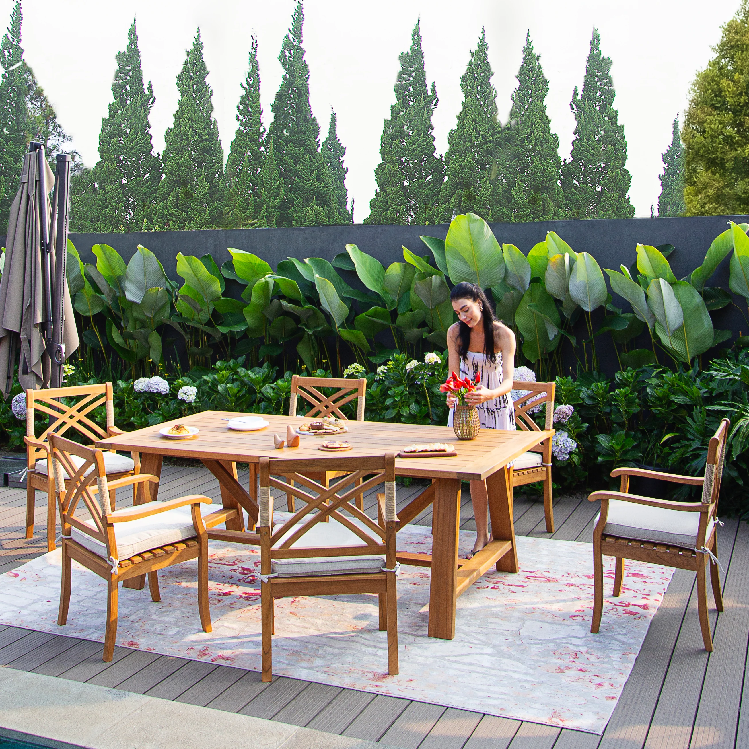 Carmel Teak Wood 7 Piece Outdoor Dining Set - Image 2