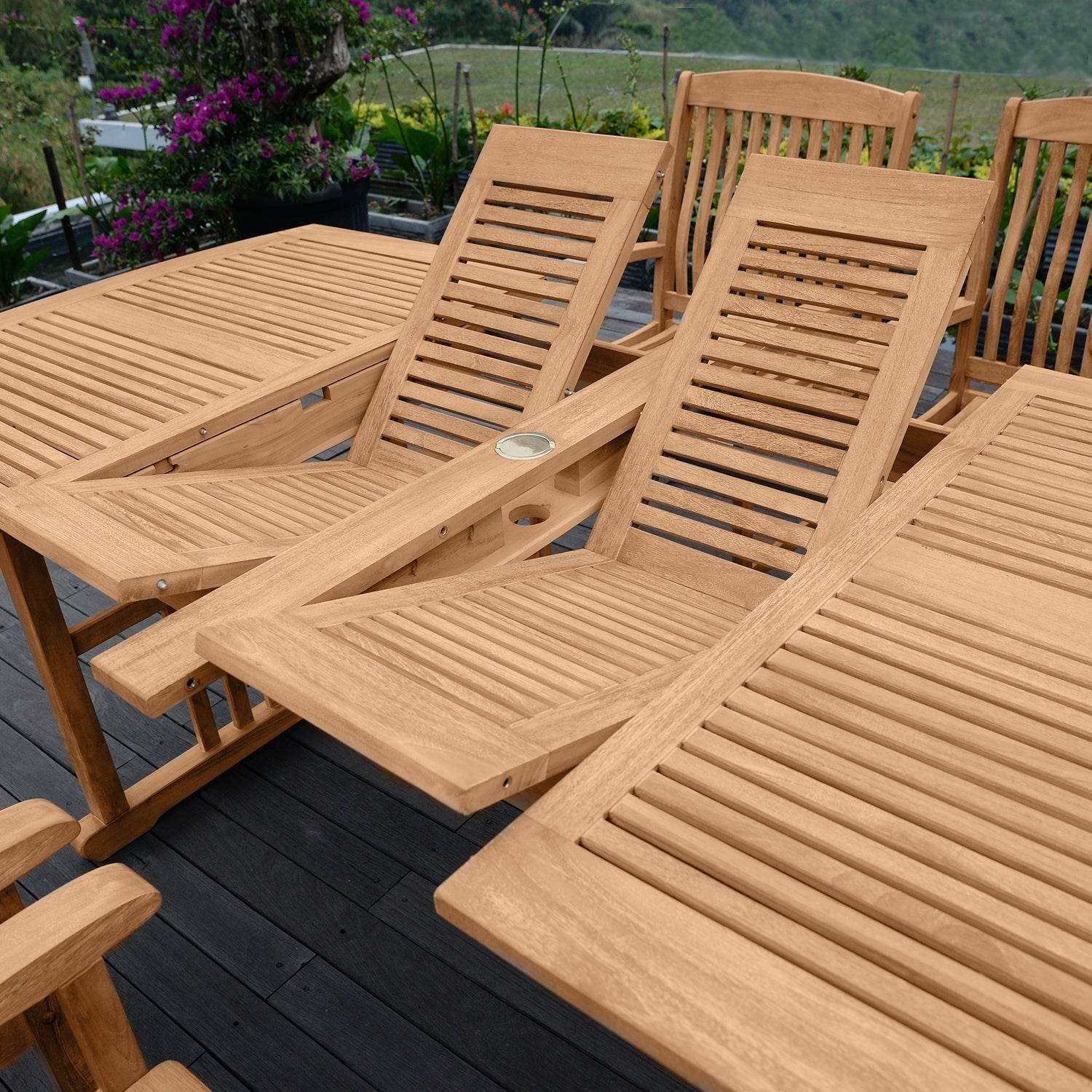 Caterina 7 Pieces Teak Outdoor Extendable Table Dining Set with Gray Cushion - Image 3