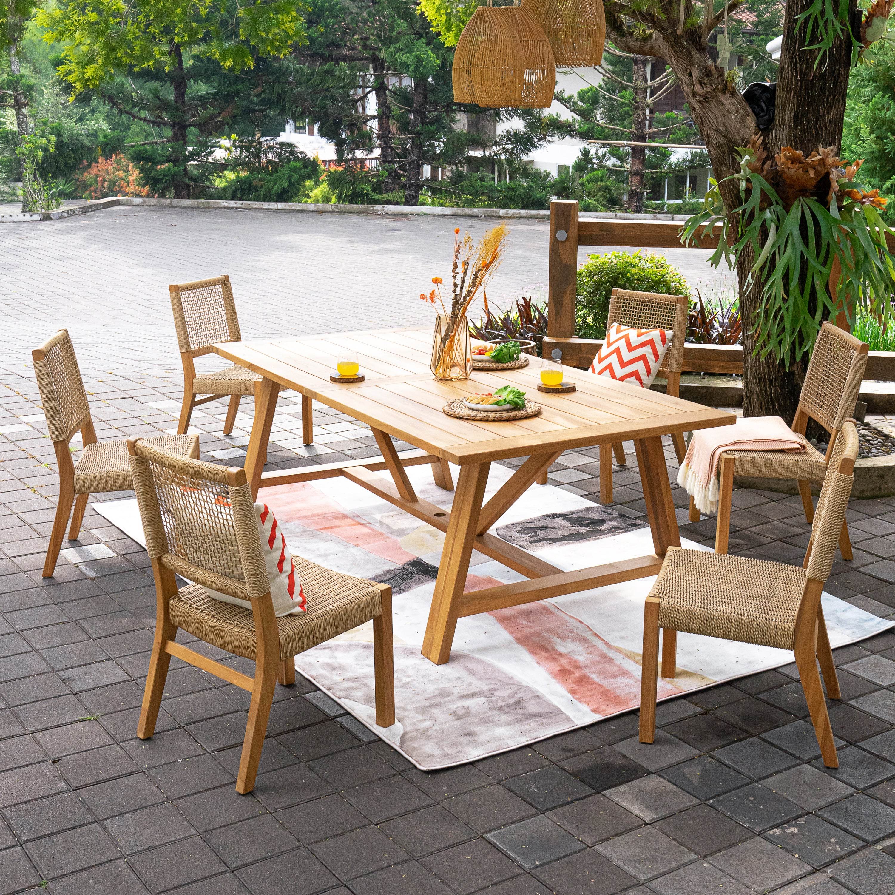 Carmel Teak Wood 7 Pieces Patio Dining Set with Honey Twist Wicker - Image 2