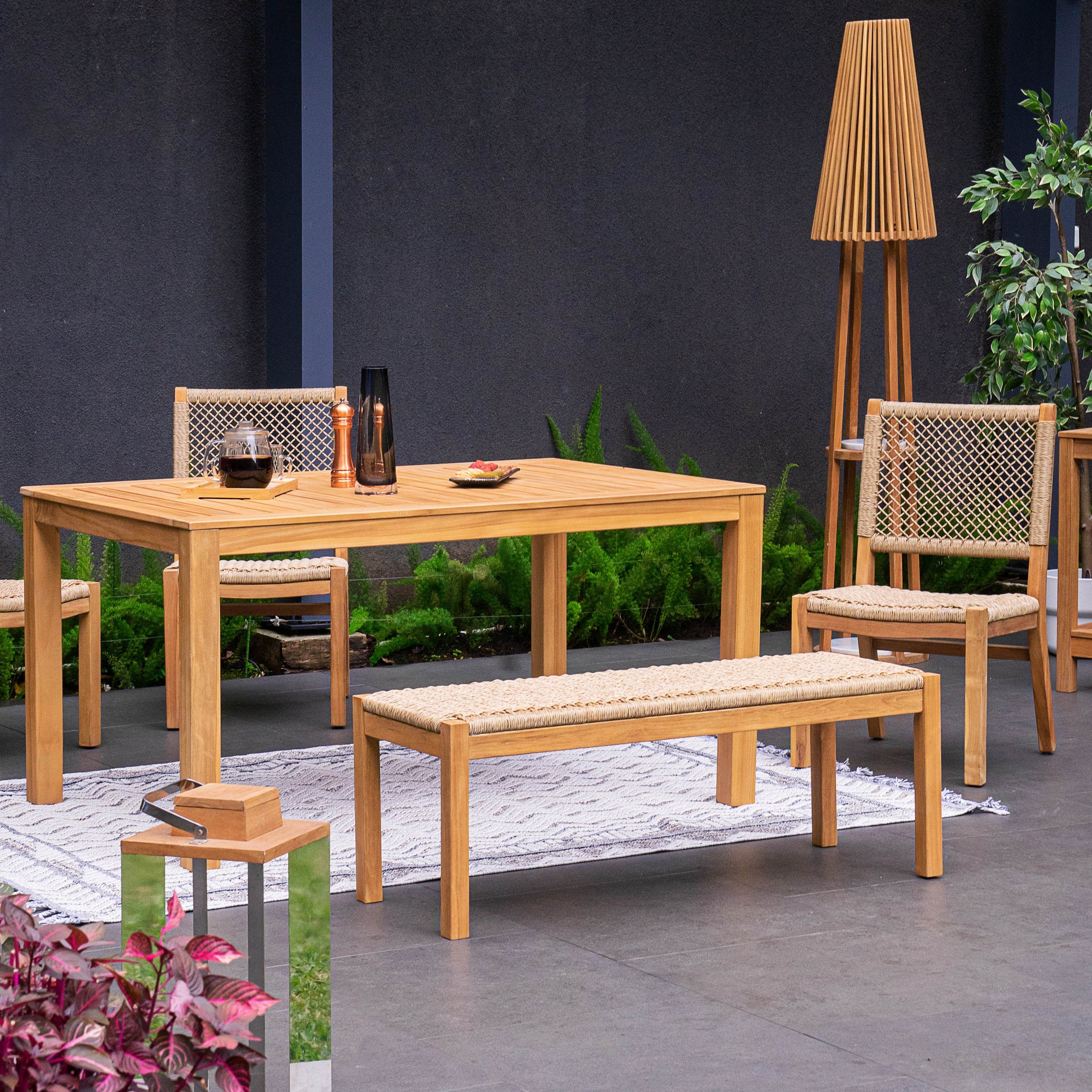 Carmel Teak Wood Outdoor Backless Bench with Honey Twist Wicker - Image 4