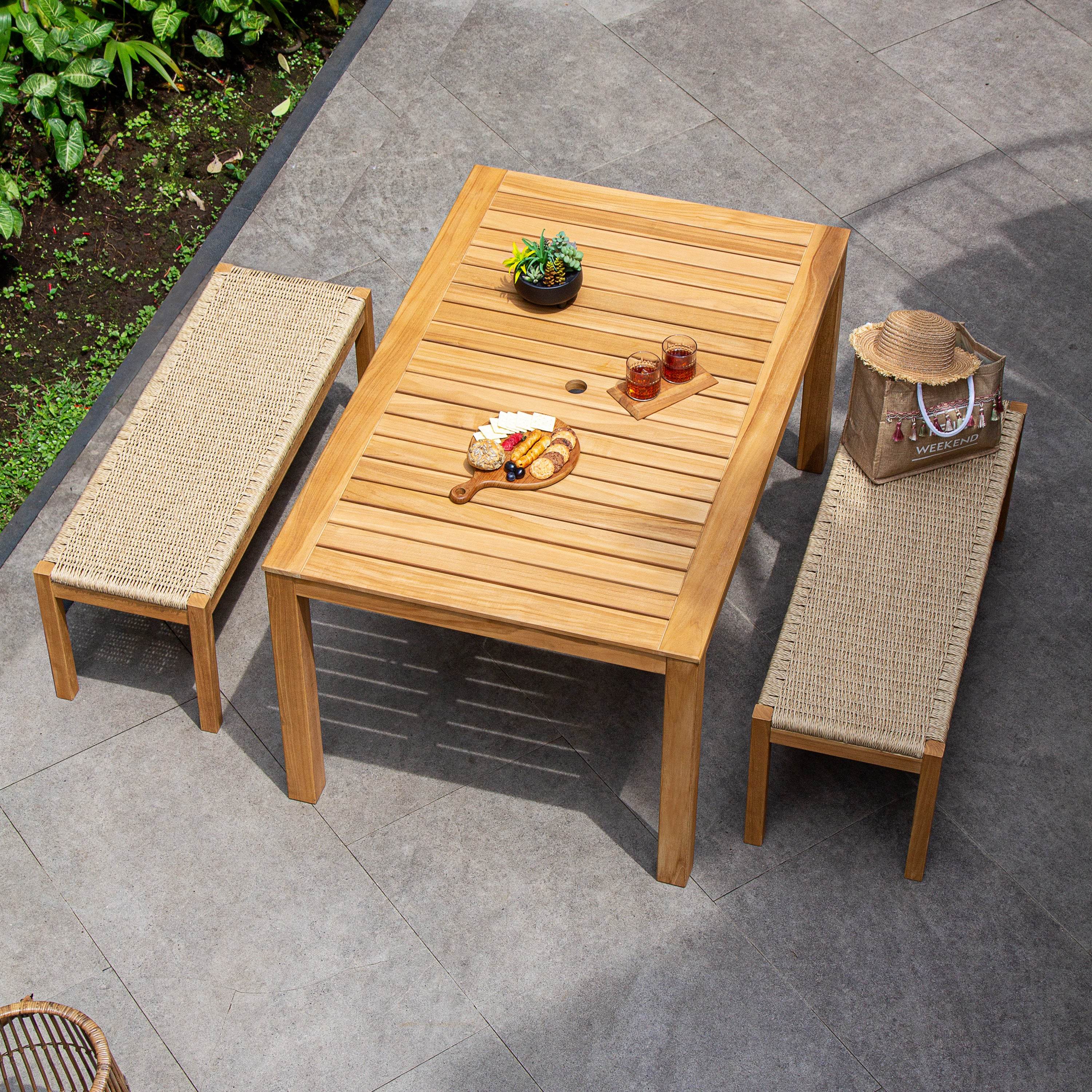 Carmel Teak Wood Outdoor Backless Bench with Honey Twist Wicker - Image 6