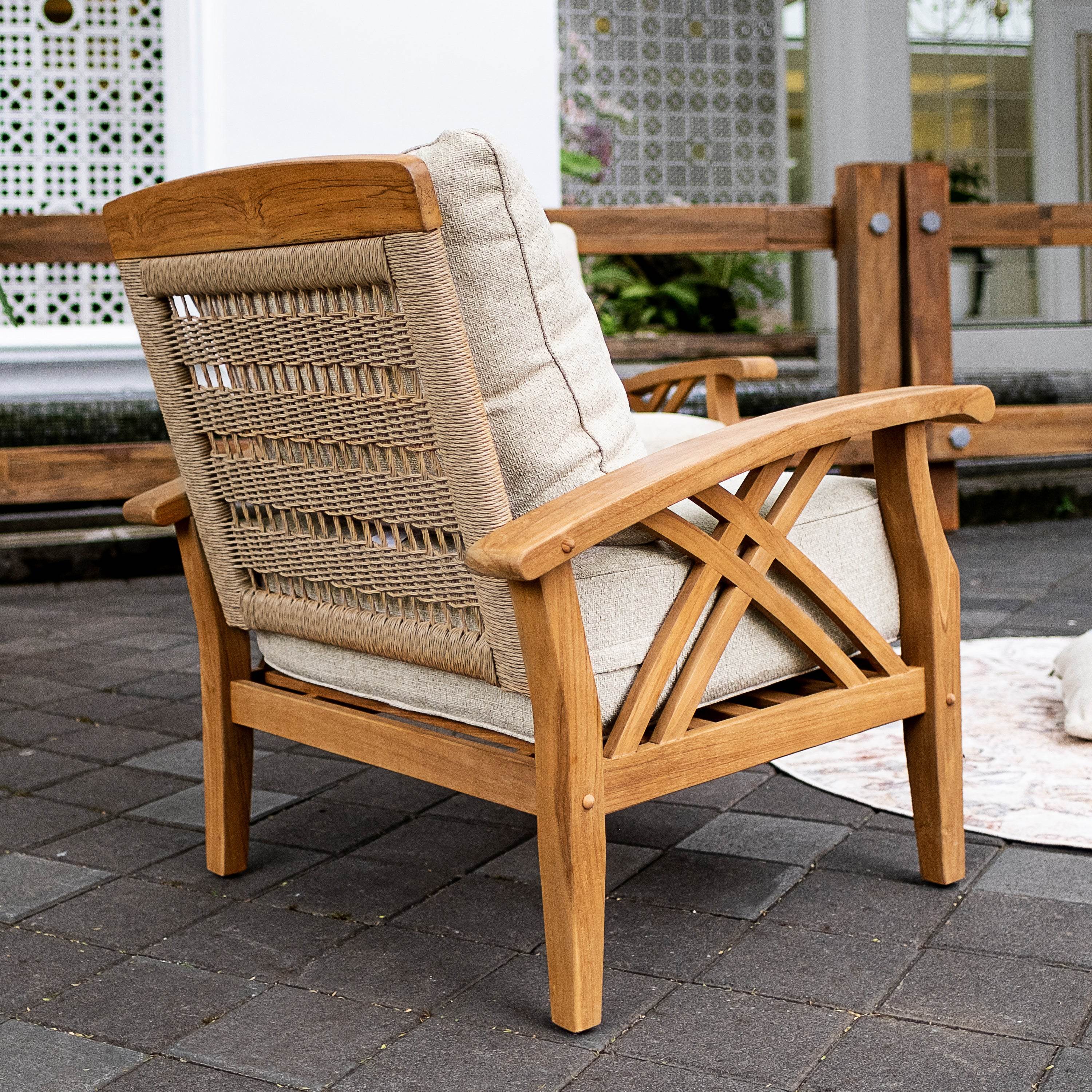 Carmel Teak Wood Outdoor Lounge Chair with Ottoman Tan Cushion - Image 10