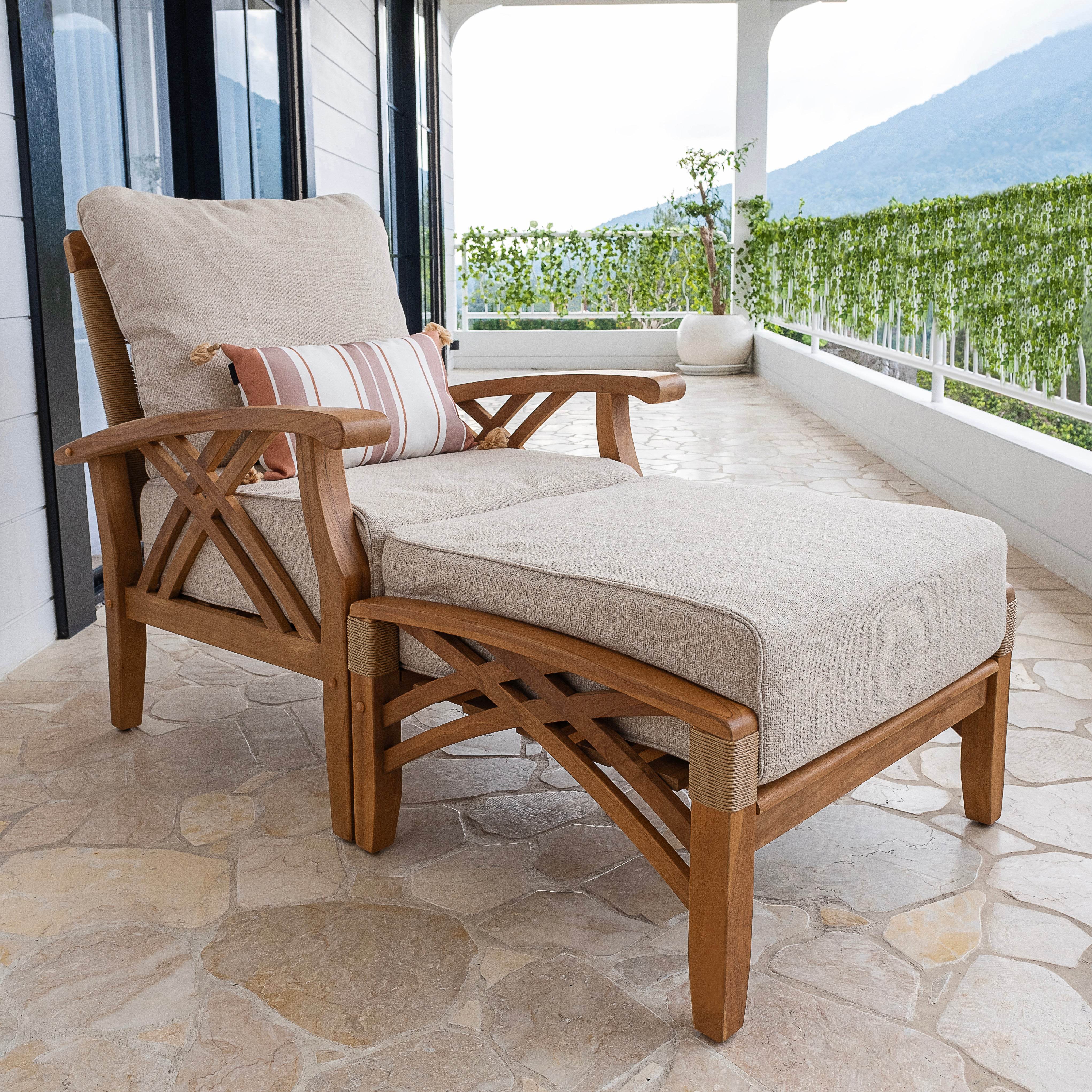 Carmel Teak Wood Outdoor Lounge Chair with Ottoman Tan Cushion - Image 3