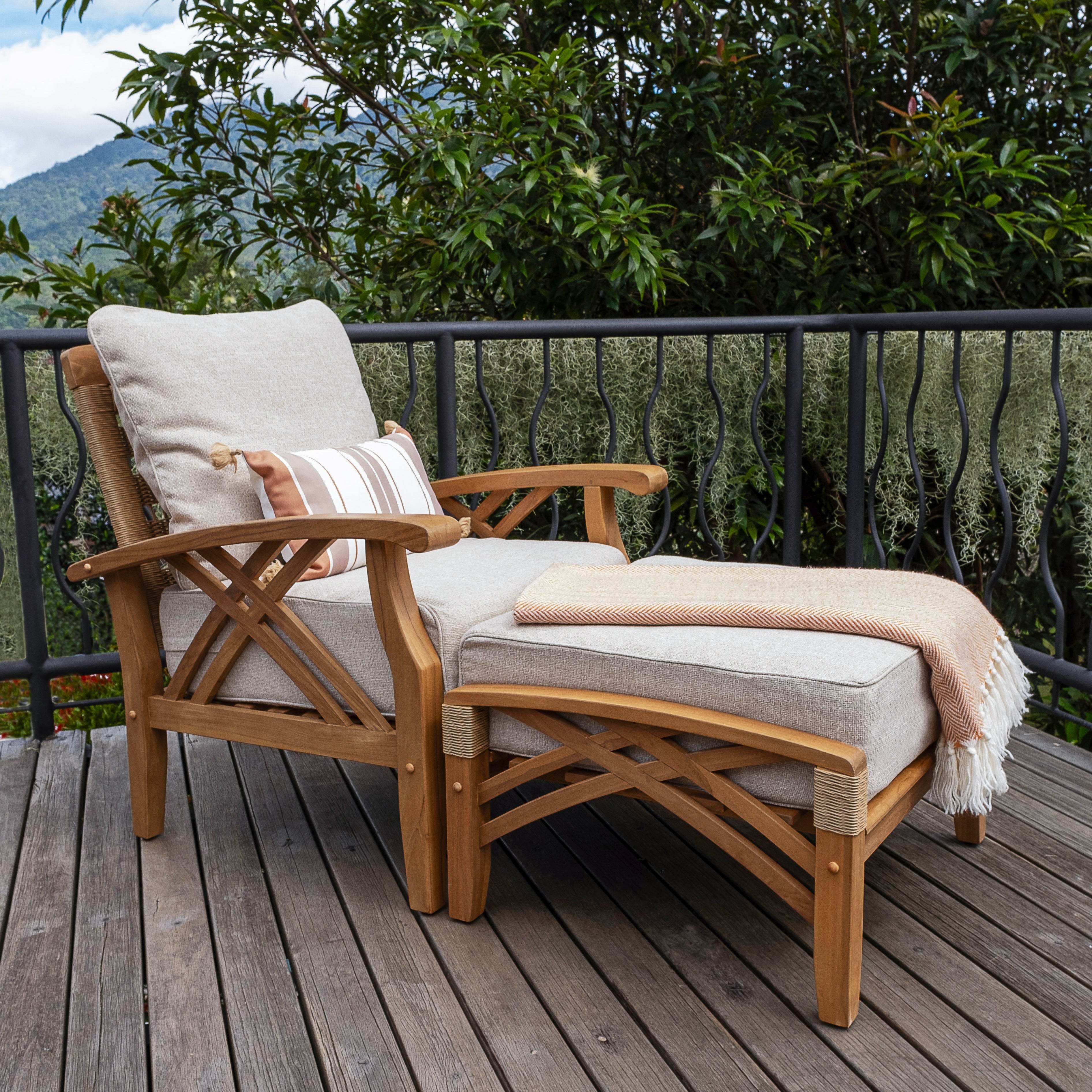 Carmel Teak Wood Outdoor Lounge Chair with Ottoman Tan Cushion - Image 6