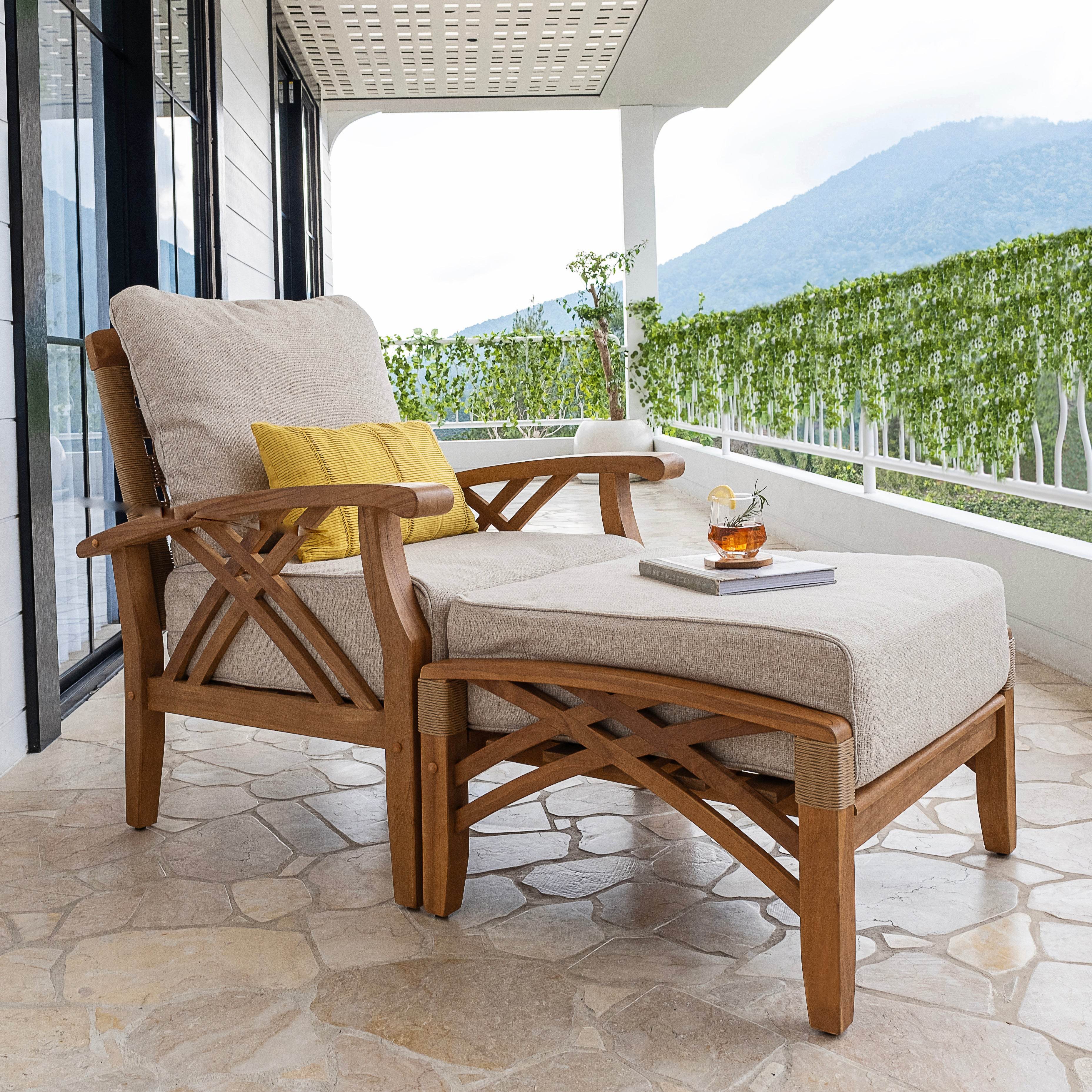 Carmel Teak Wood Outdoor Lounge Chair with Ottoman Tan Cushion - Image 7