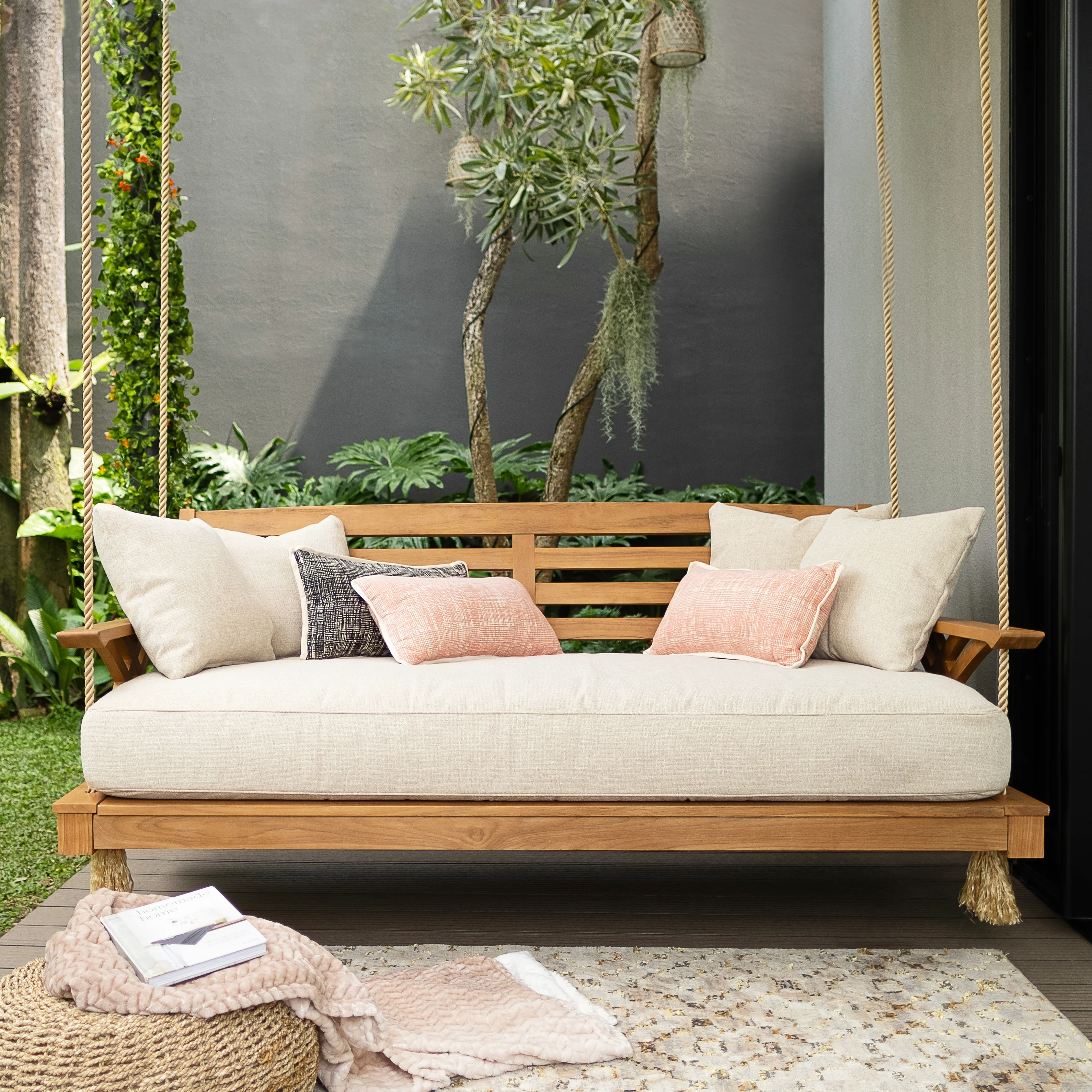 Carmel Teak Wood Outdoor Swing Daybed with Tan Cushion - Image 10