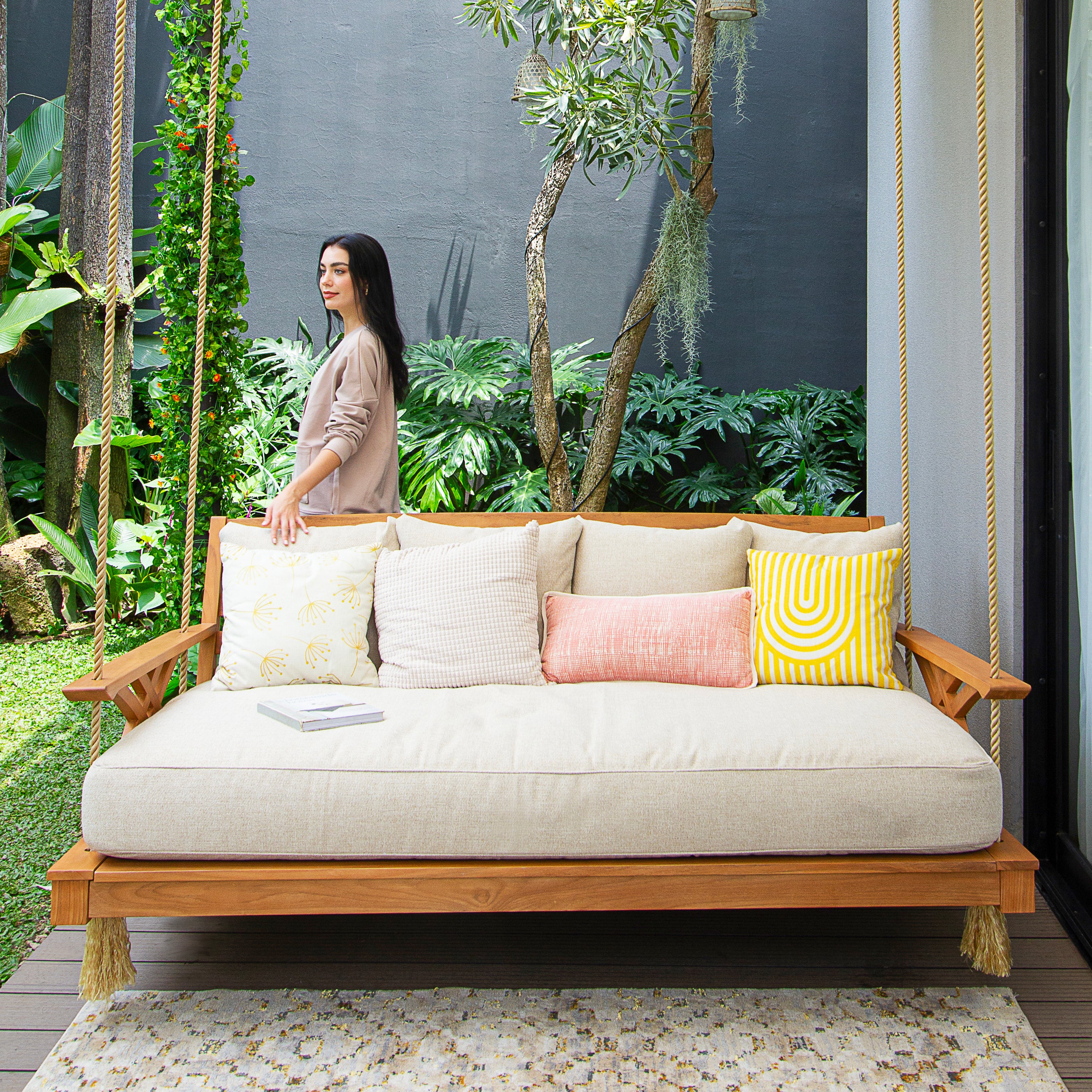 Carmel Teak Wood Outdoor Swing Daybed with Tan Cushion - Image 11