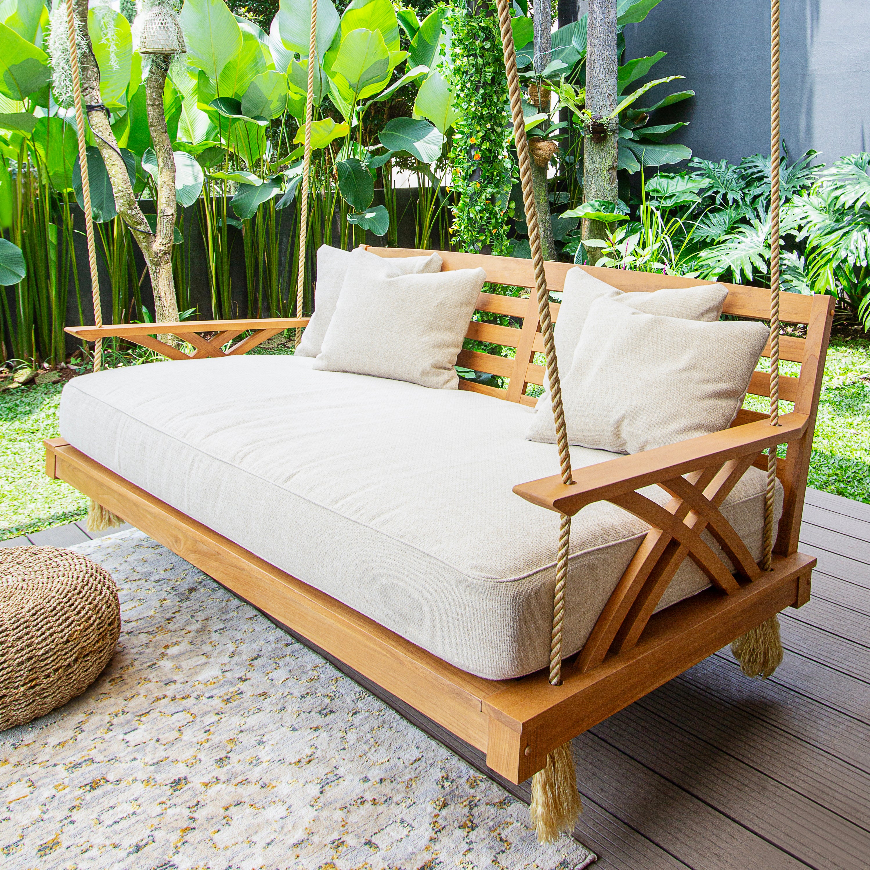 Carmel Teak Wood Outdoor Swing Daybed with Tan Cushion - Image 12