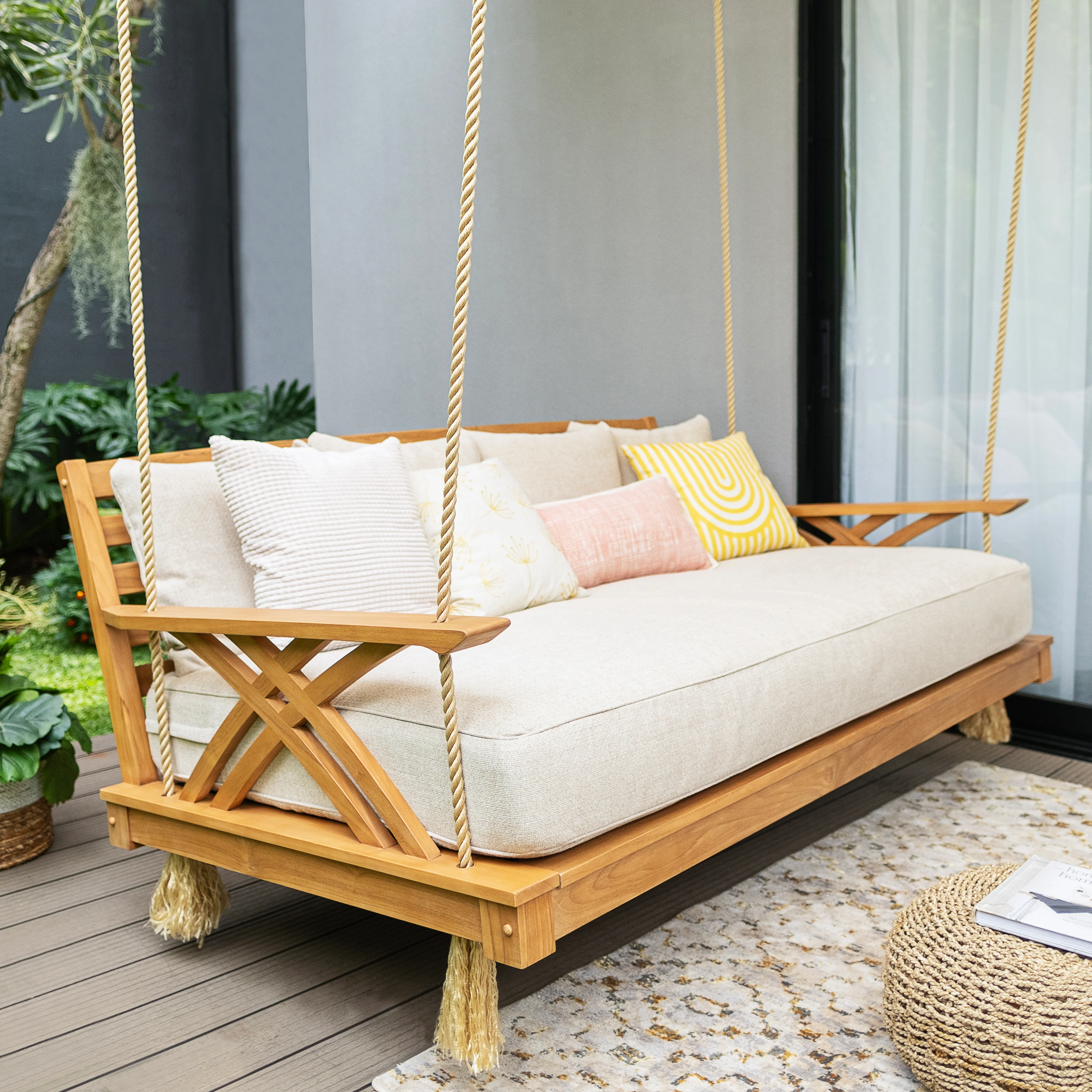 Carmel Teak Wood Outdoor Swing Daybed with Tan Cushion - Image 13