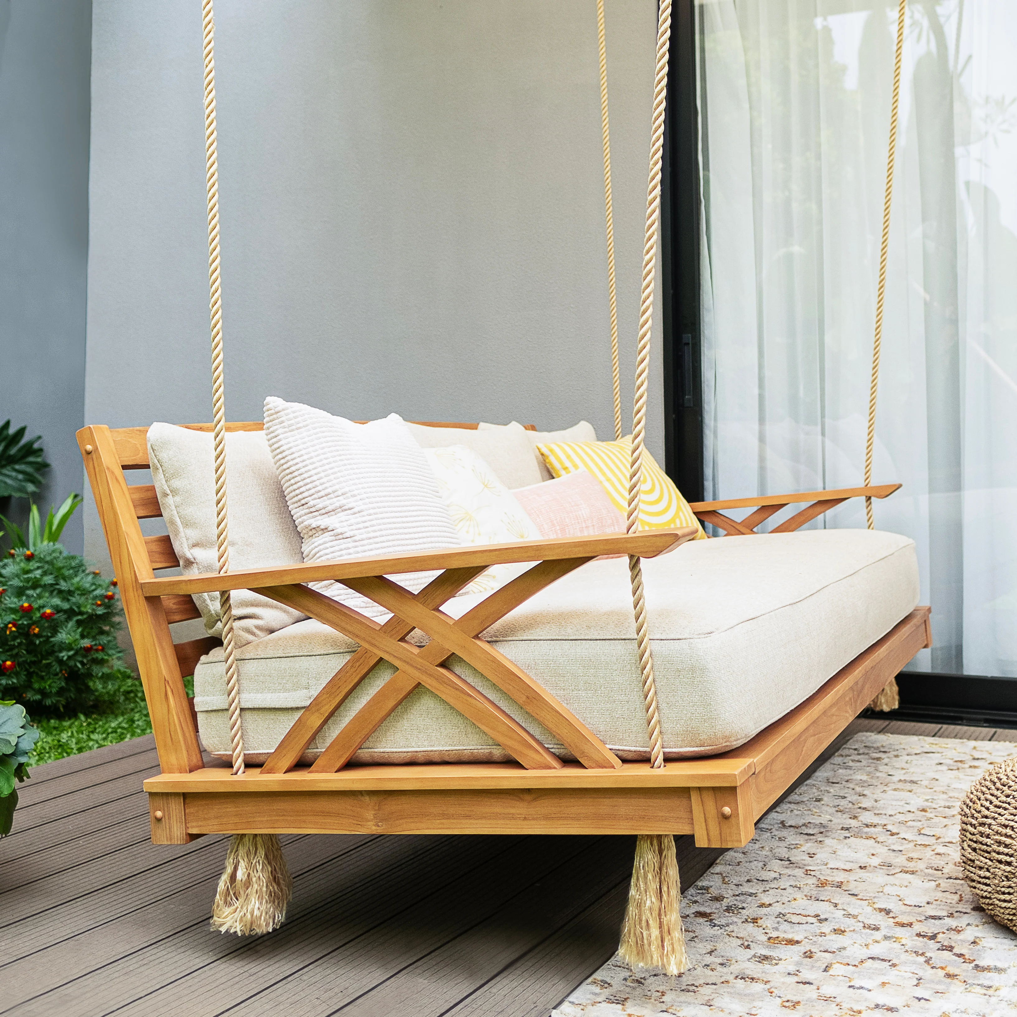 Carmel Teak Wood Outdoor Swing Daybed with Tan Cushion - Image 14