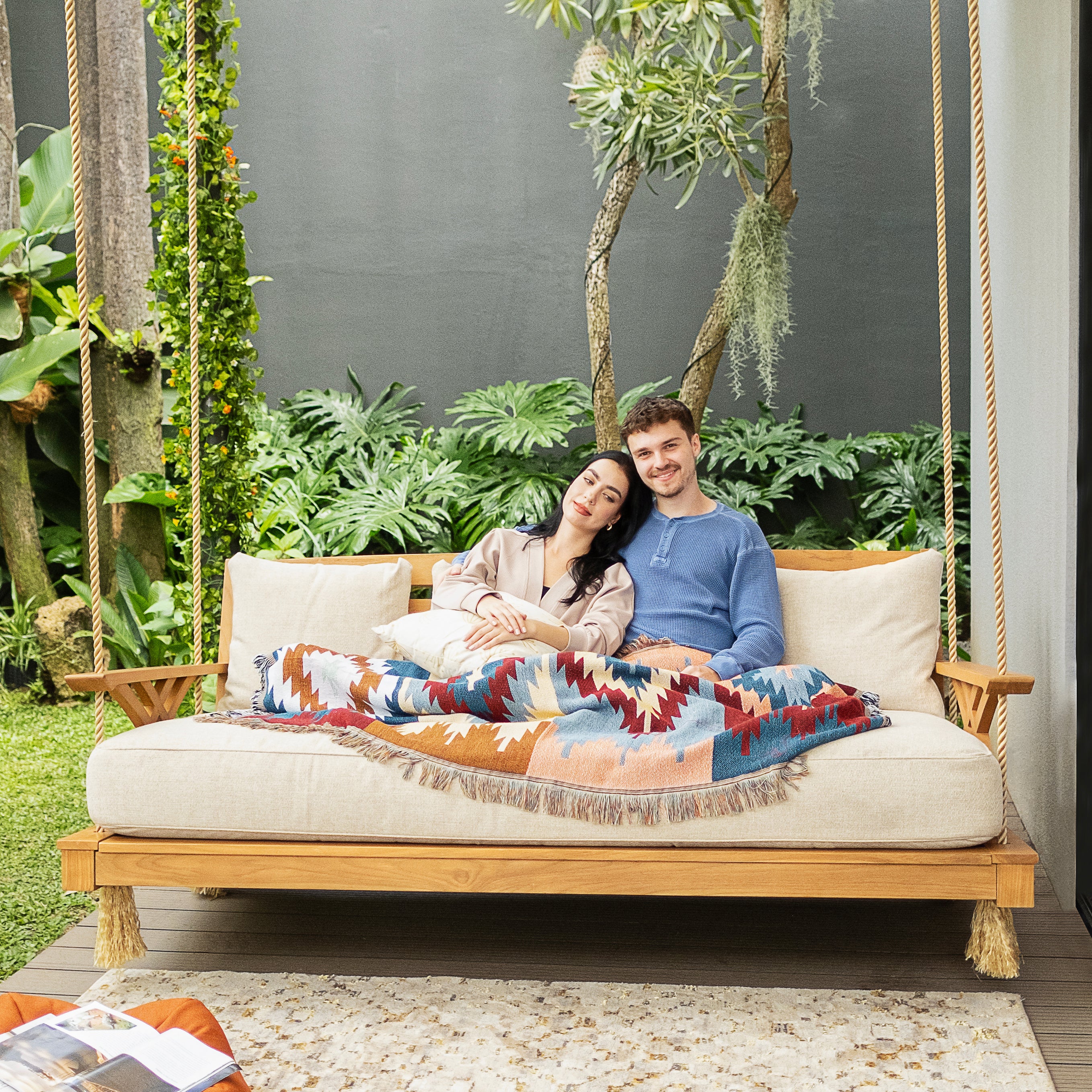 Carmel Teak Wood Outdoor Swing Daybed with Tan Cushion - Image 3