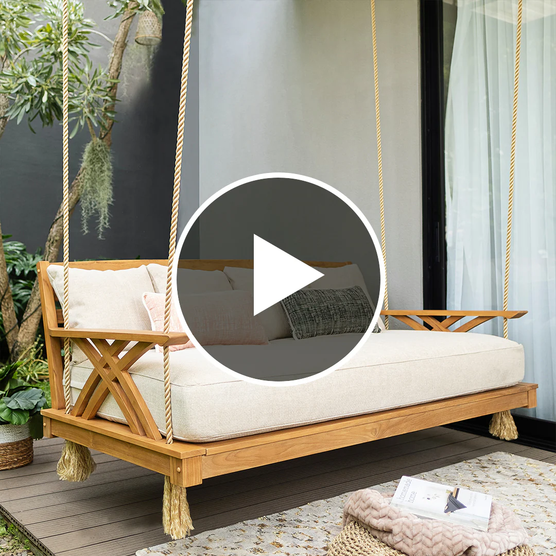 Carmel Teak Wood Outdoor Swing Daybed with Tan Cushion - Image 5