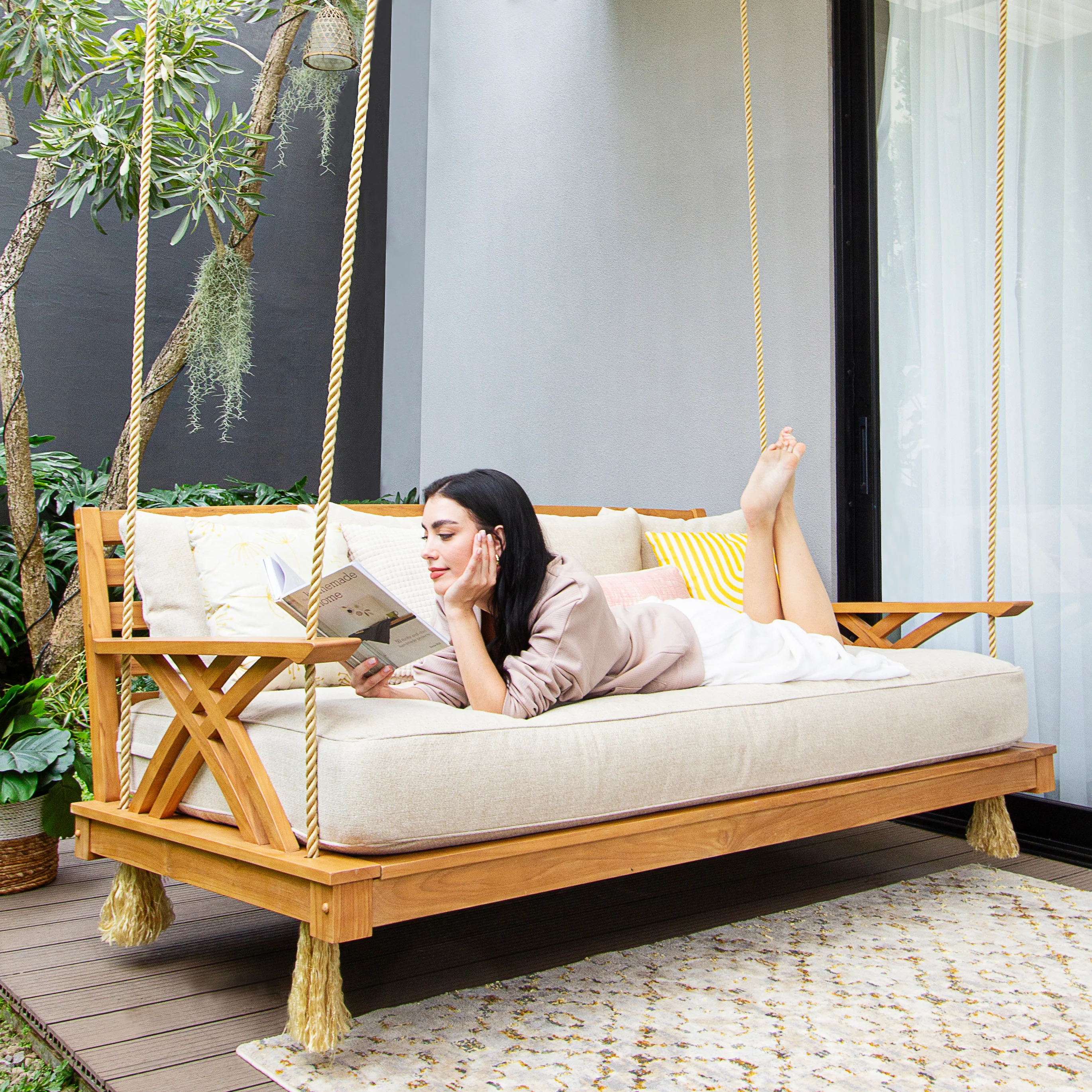 Carmel Teak Wood Outdoor Swing Daybed with Tan Cushion - Image 6