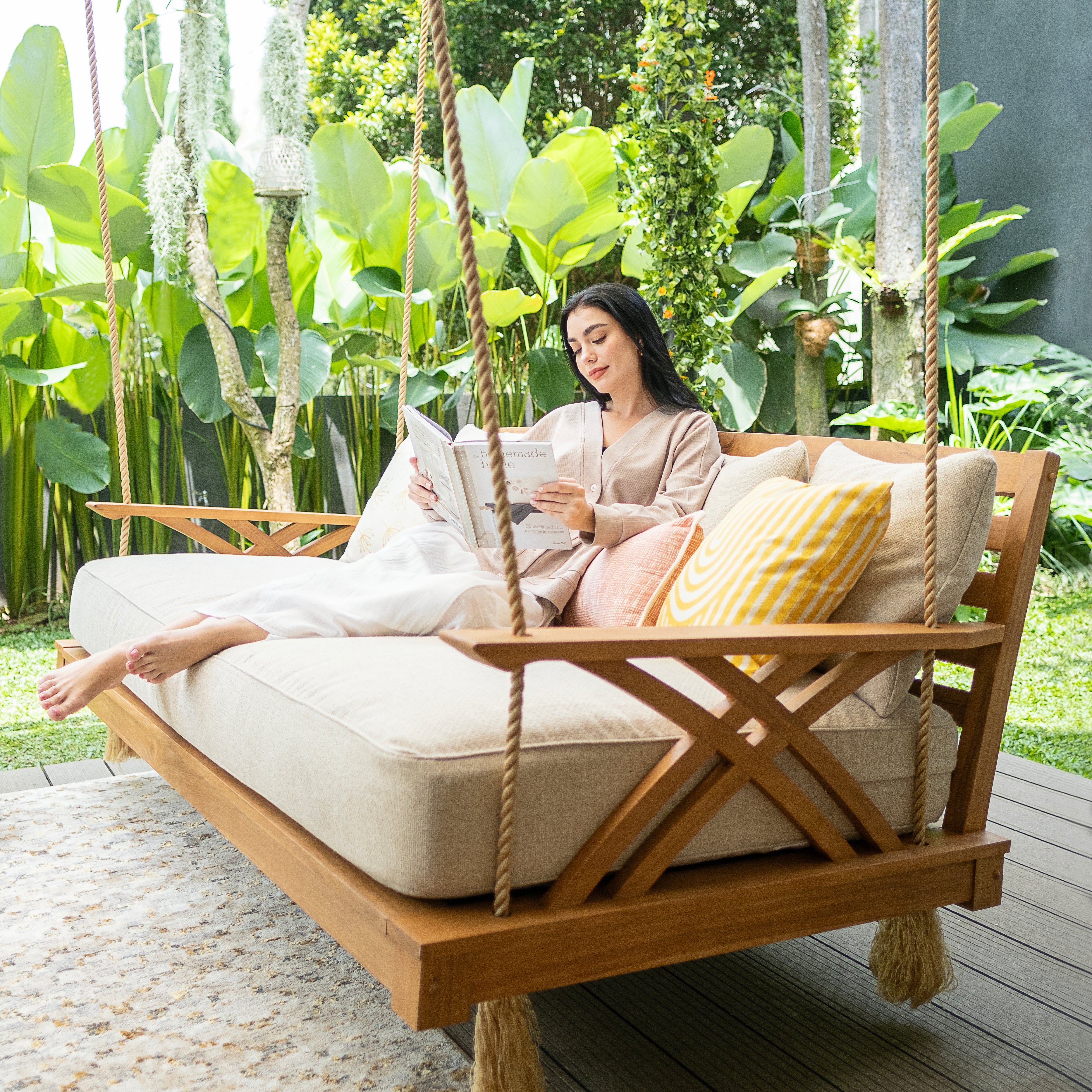 Carmel Teak Wood Outdoor Swing Daybed with Tan Cushion - Image 8