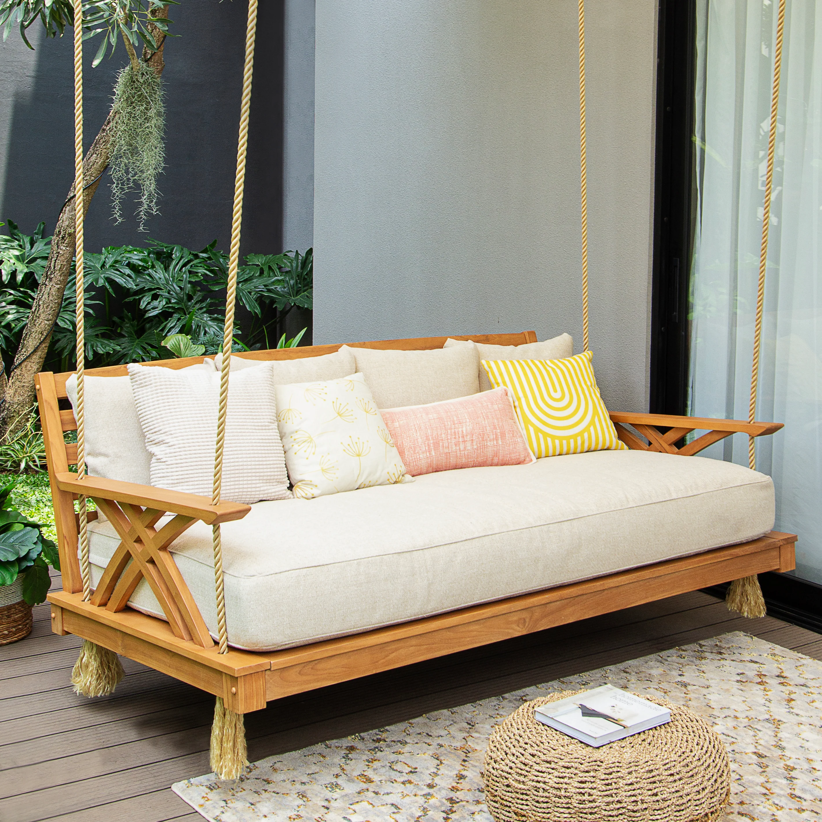 Carmel Teak Wood Outdoor Swing Daybed with Tan Cushion - Image 9