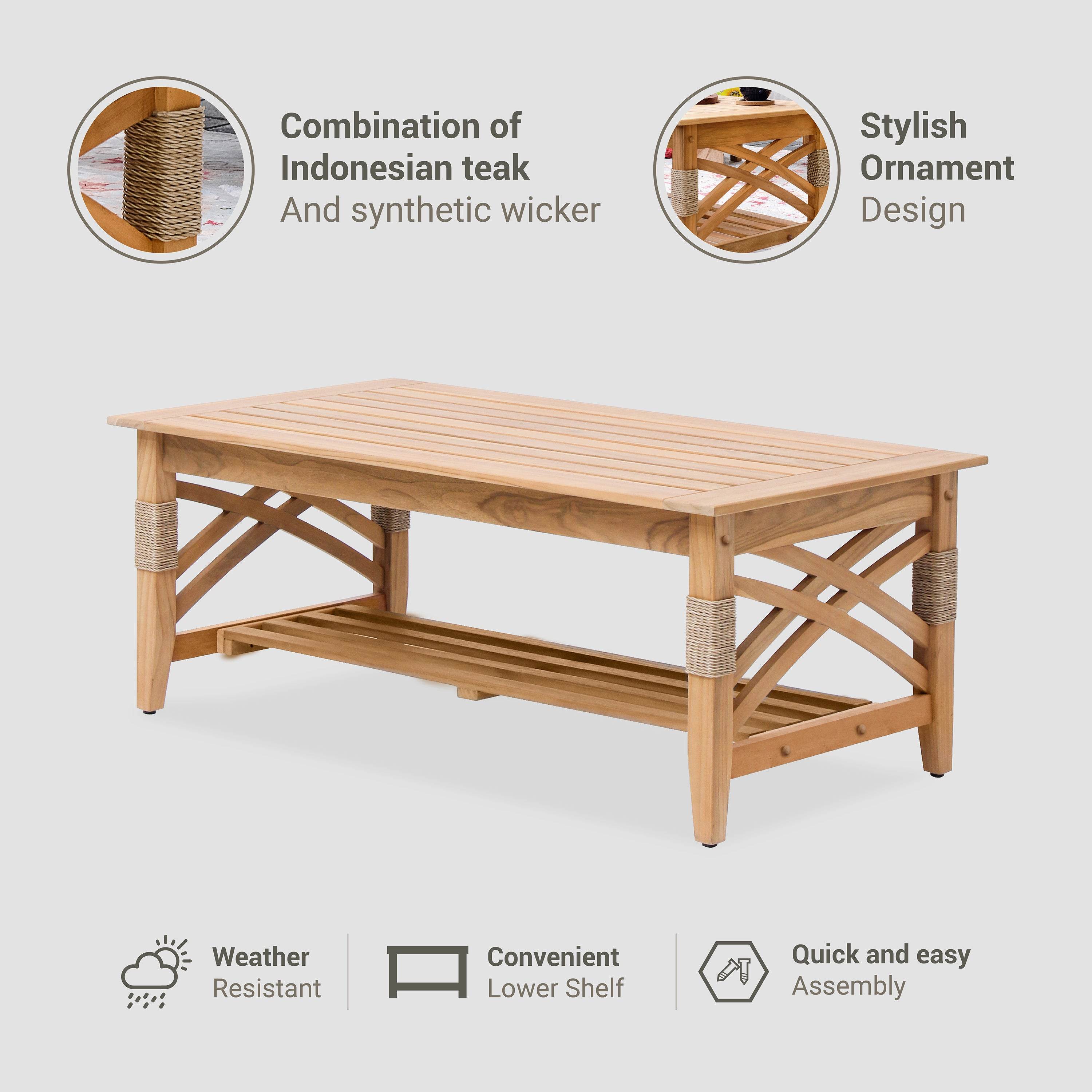 Carmel Teak Wood Patio Coffee Table with Shelf - Image 5