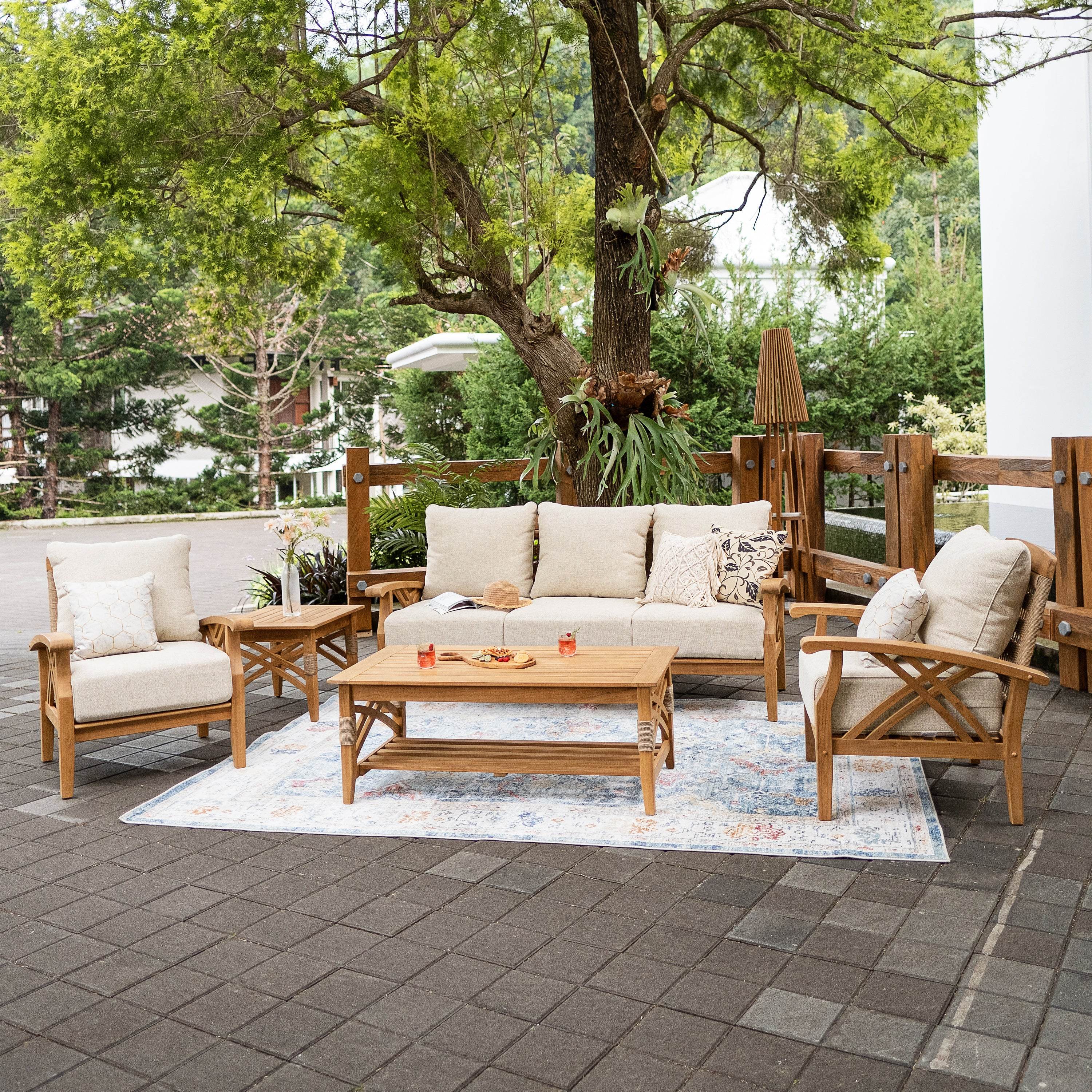Carmel Teak Wood Patio Lounge Chair with Tan Cushion - Image 2
