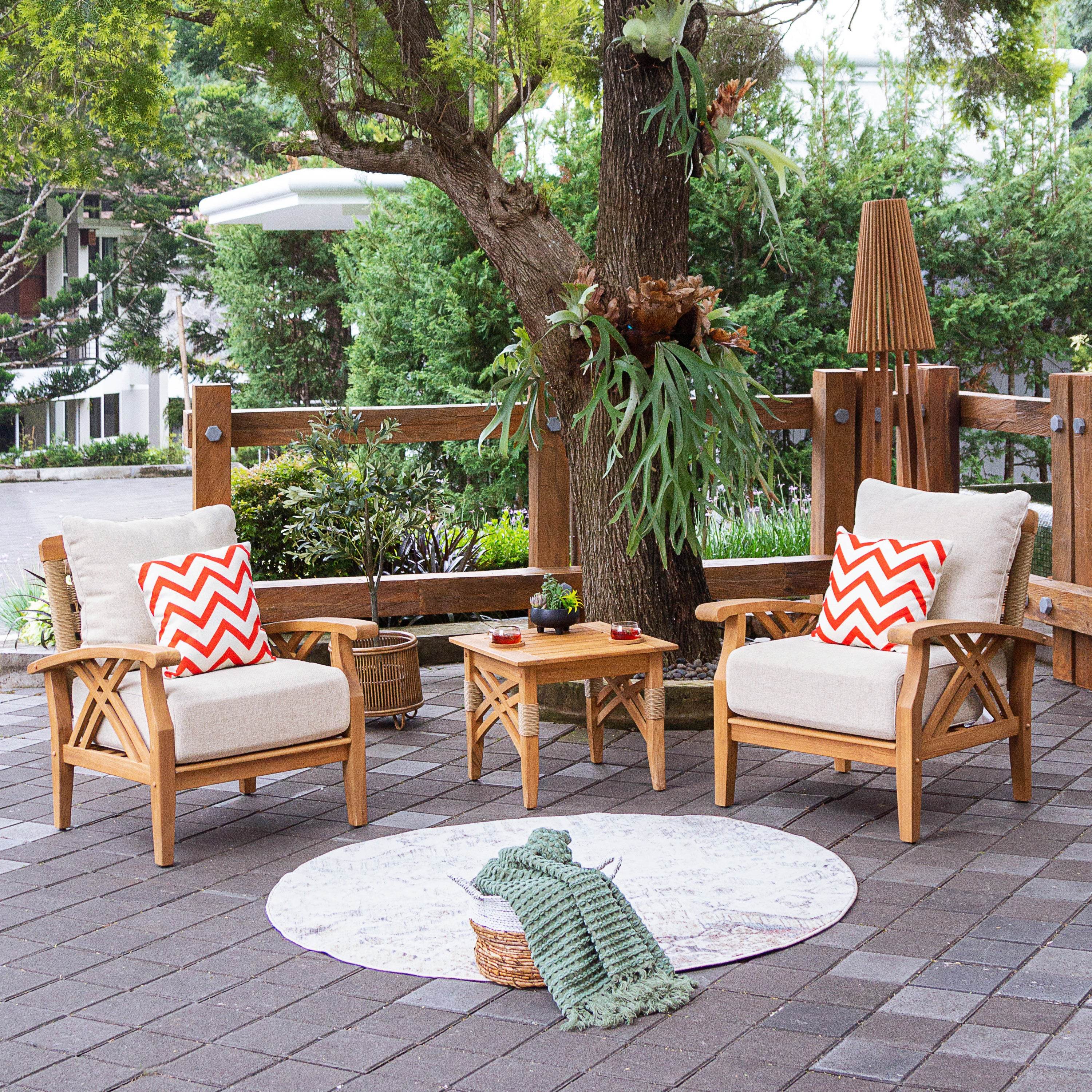 Carmel Teak Wood Patio Lounge Chair with Tan Cushion - Image 7