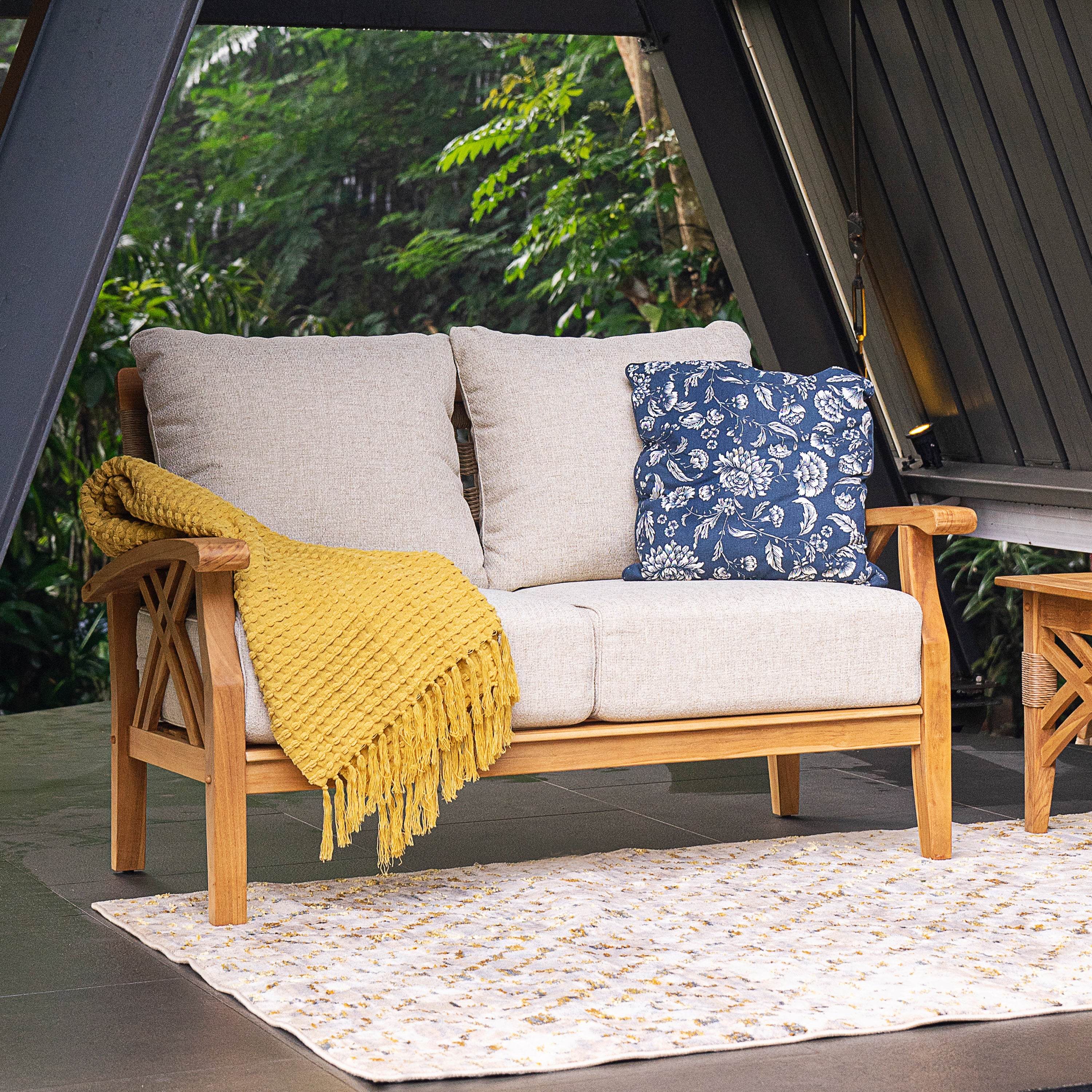 Carmel Teak Wood Patio Loveseat with Tan Cushion - Image 3