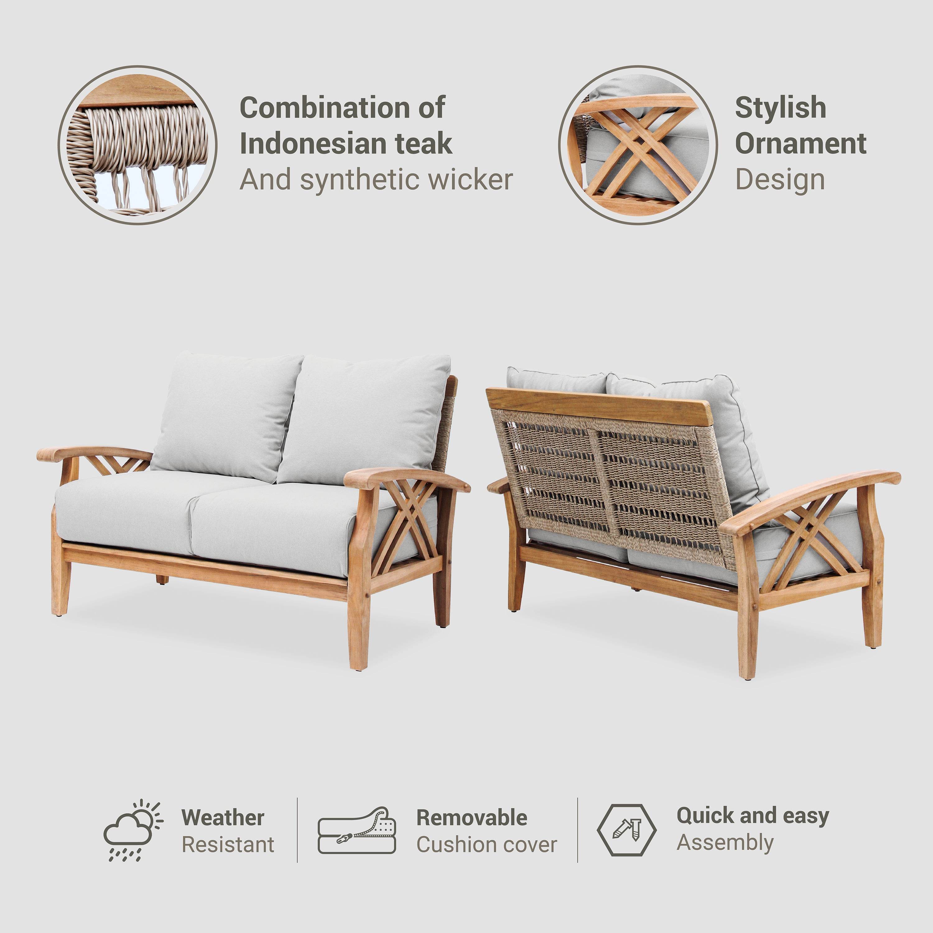 Carmel Teak Wood Patio Loveseat with Tan Cushion - Image 4