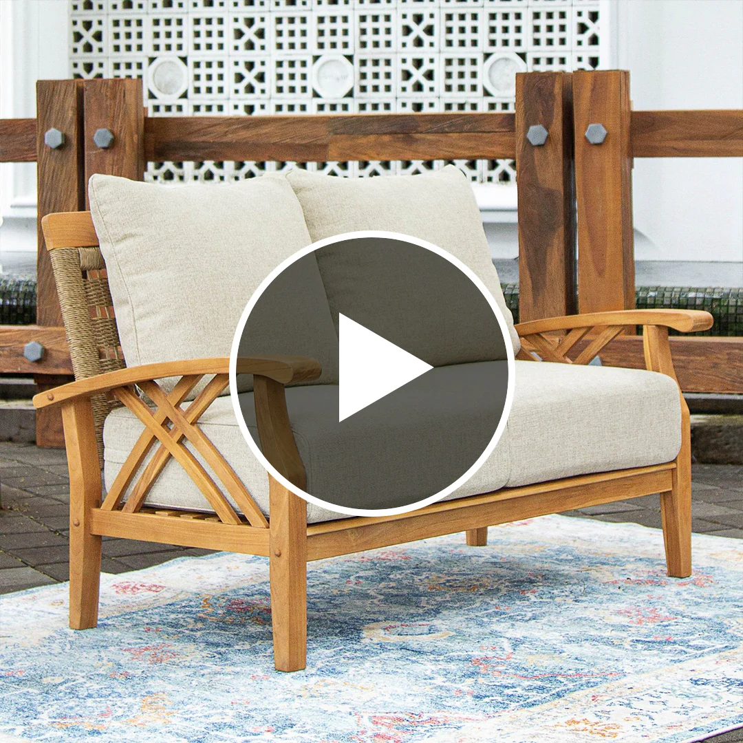 Carmel Teak Wood Patio Loveseat with Tan Cushion - Image 5