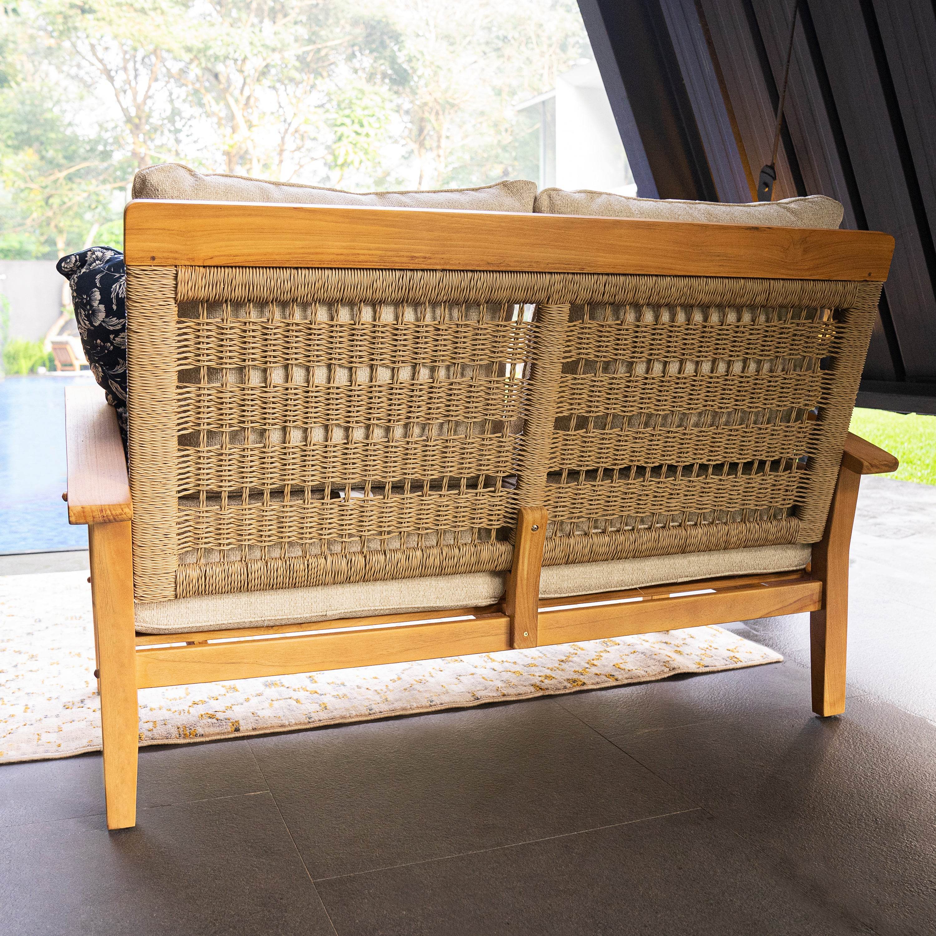 Carmel Teak Wood Patio Loveseat with Tan Cushion - Image 6