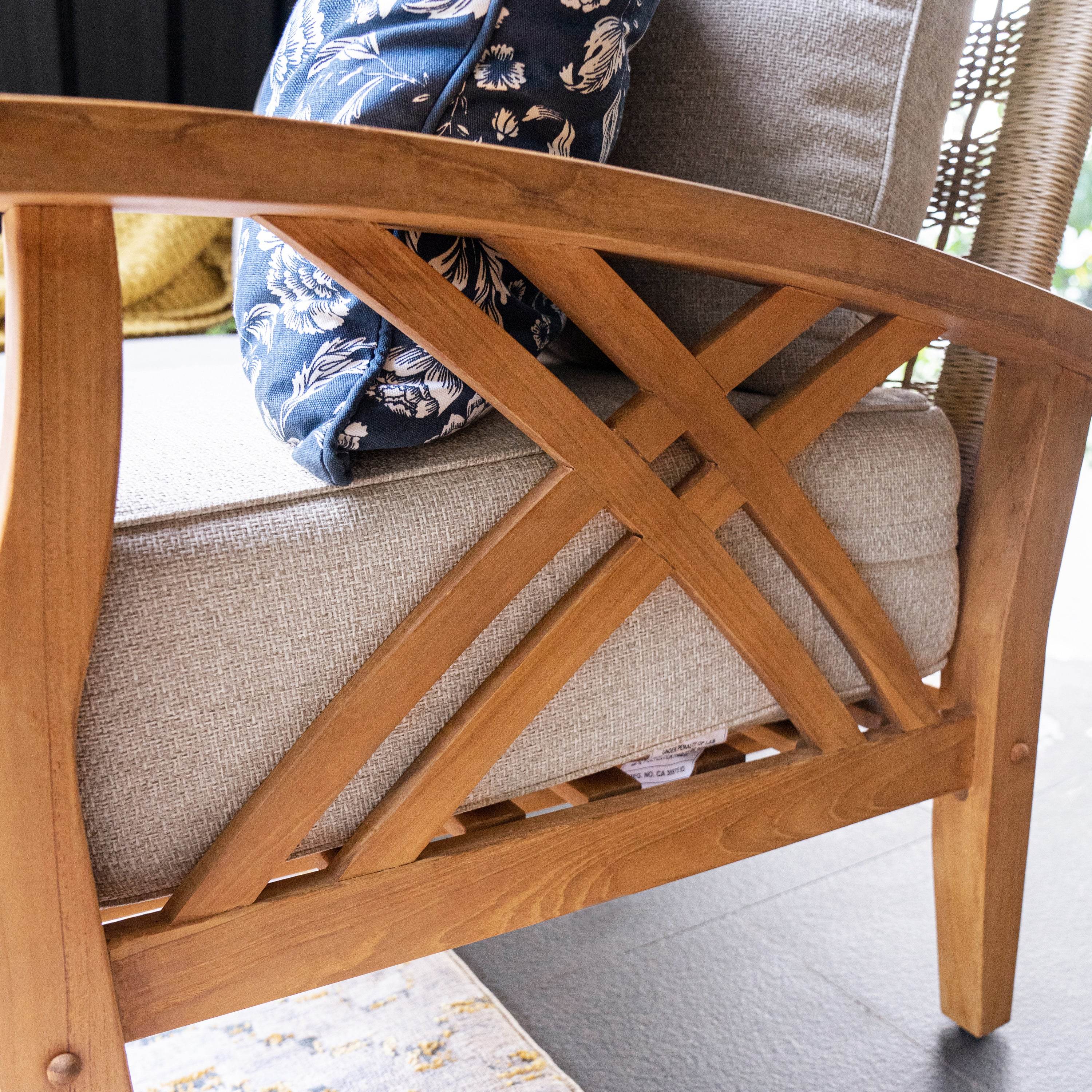 Carmel Teak Wood Patio Loveseat with Tan Cushion - Image 7