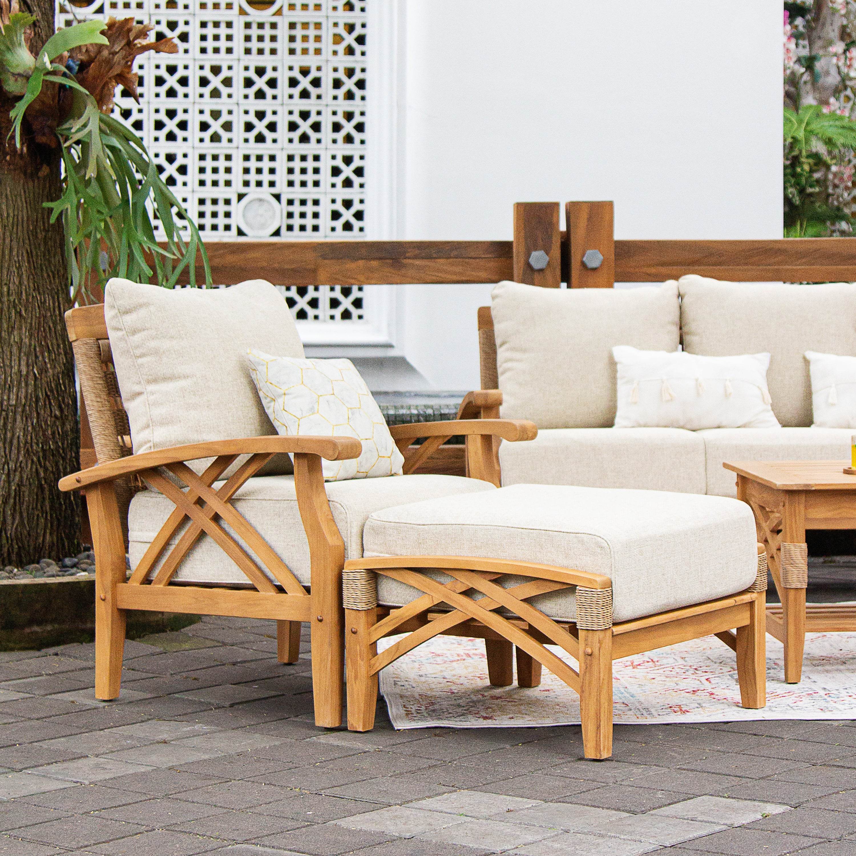 Carmel Teak Wood Patio Ottoman with Tan Cushion - Image 3