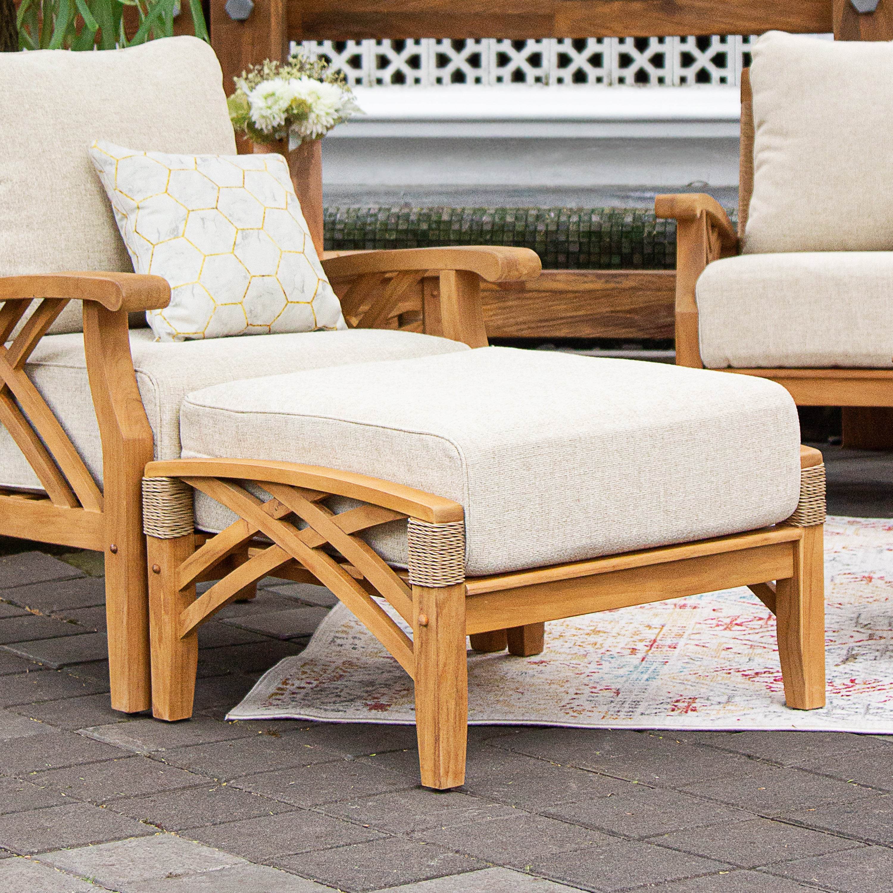 Carmel Teak Wood Patio Ottoman with Tan Cushion - Image 4
