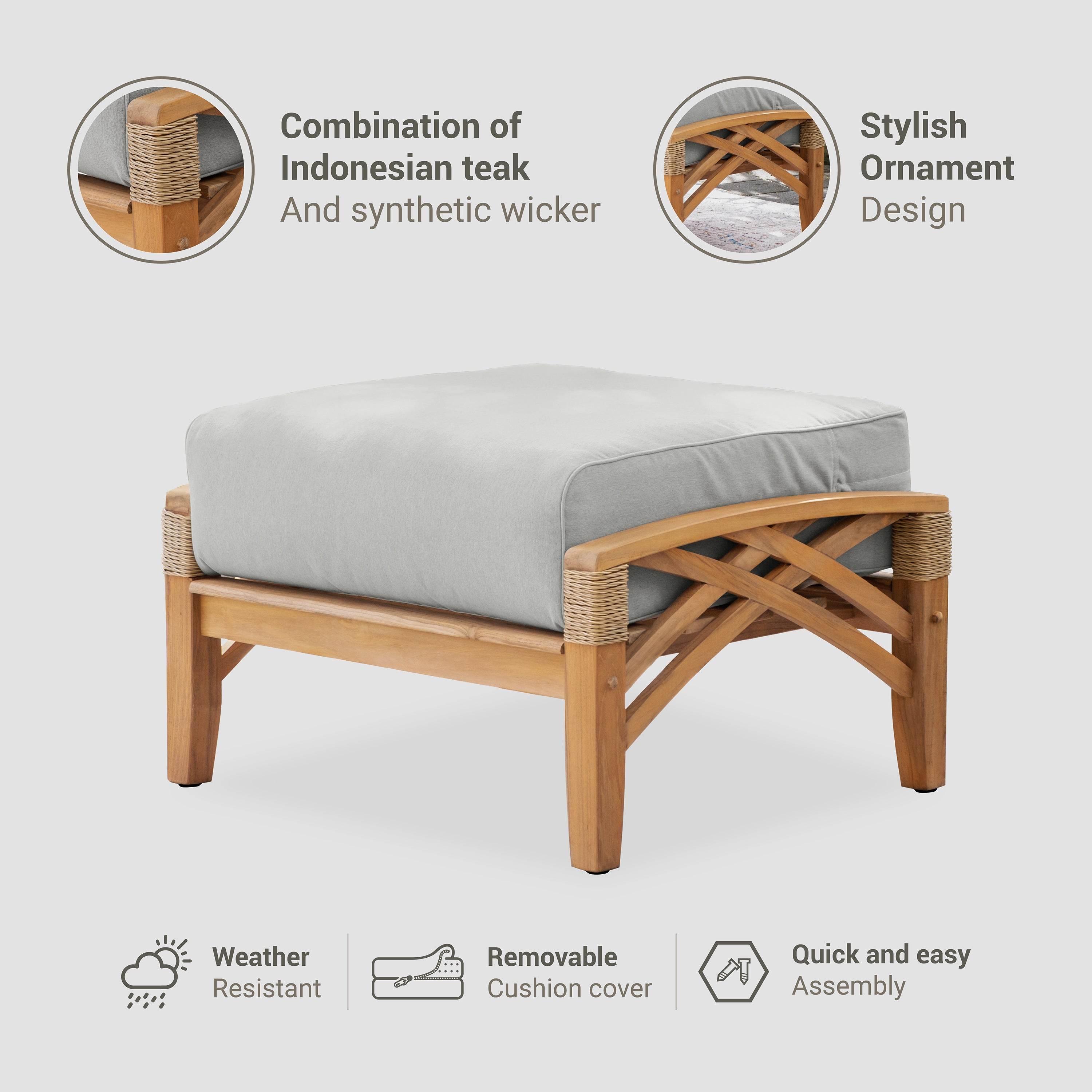 Carmel Teak Wood Patio Ottoman with Tan Cushion - Image 5