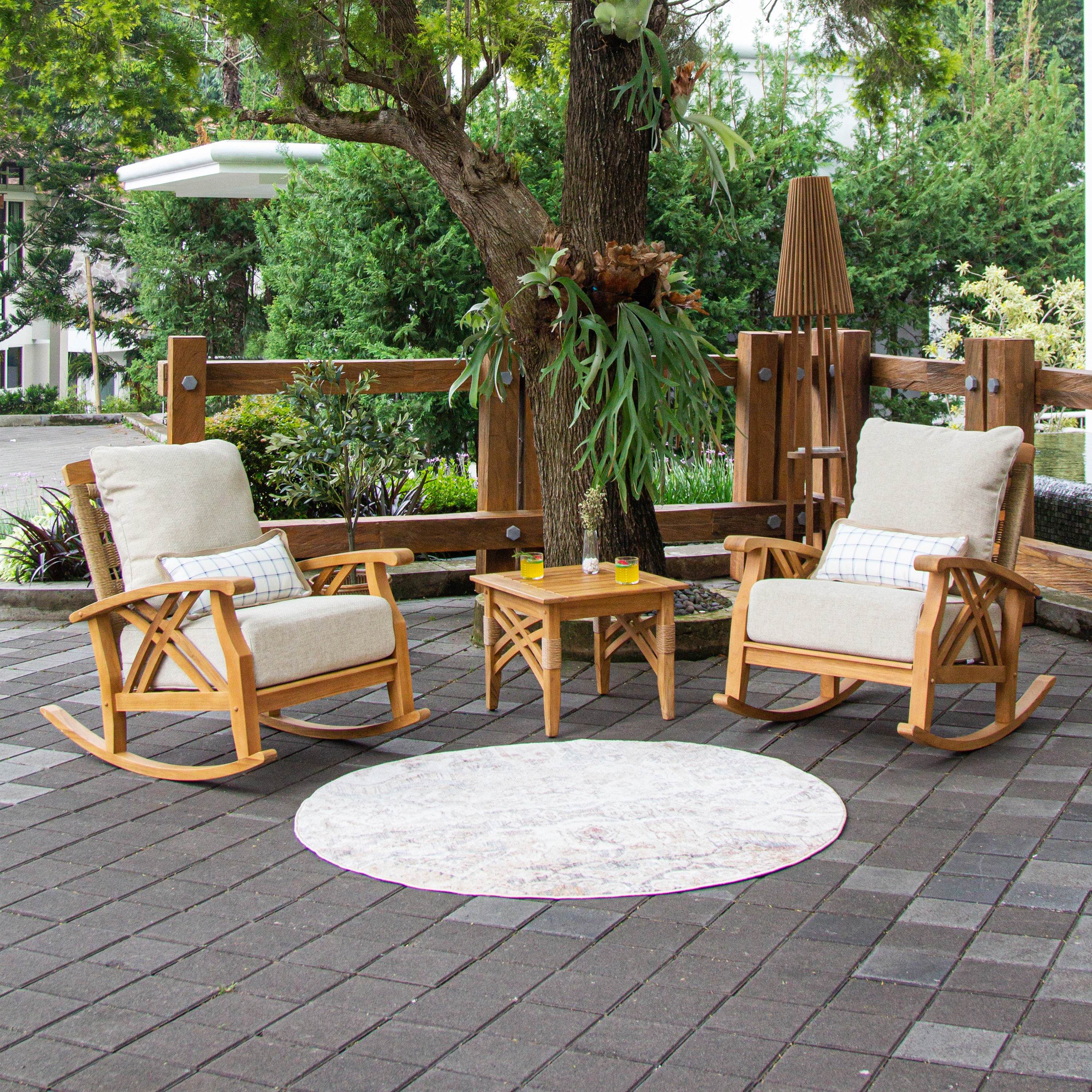 Carmel Teak Wood Patio Rocking Chair with Tan Cushion - Image 3