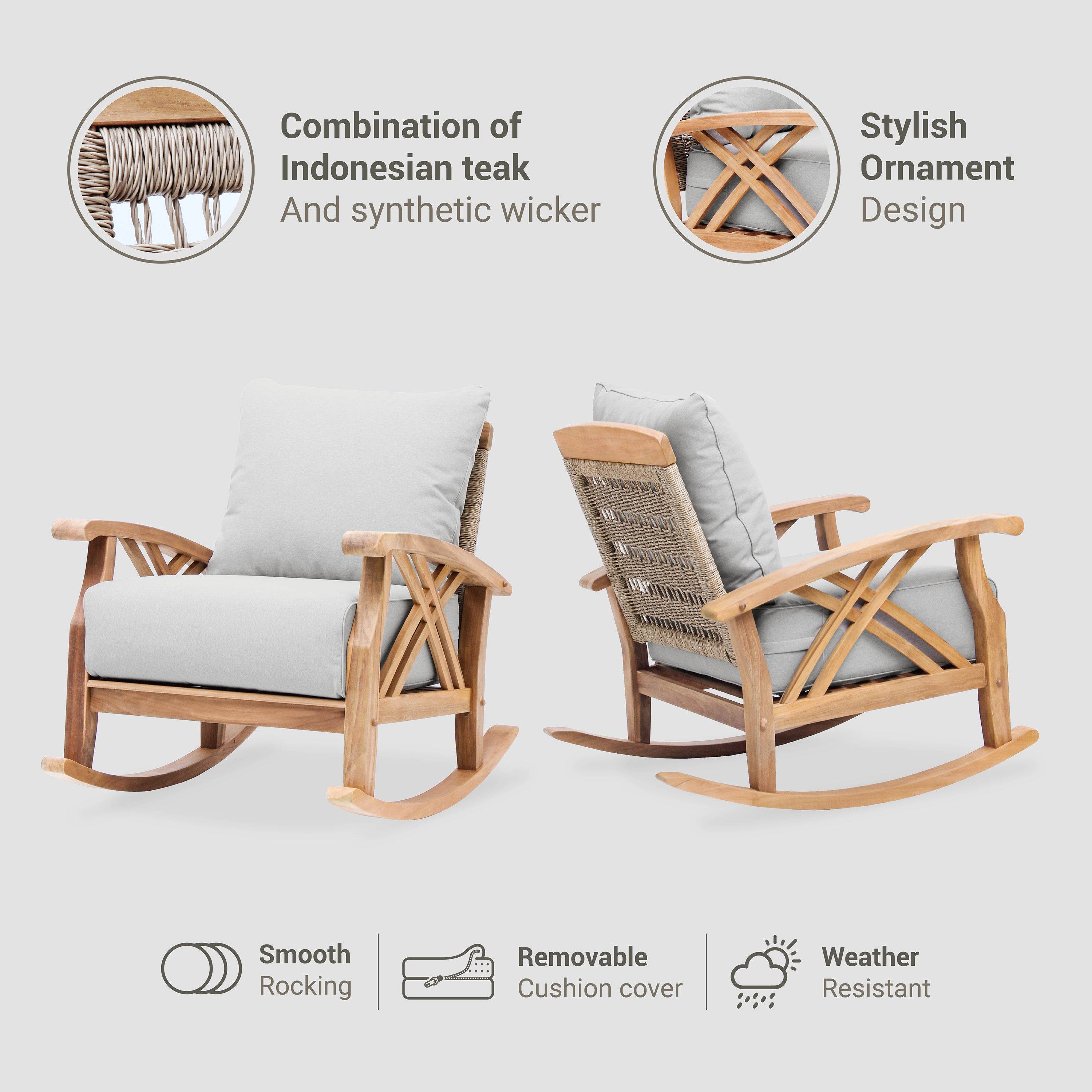 Carmel Teak Wood Patio Rocking Chair with Tan Cushion - Image 4