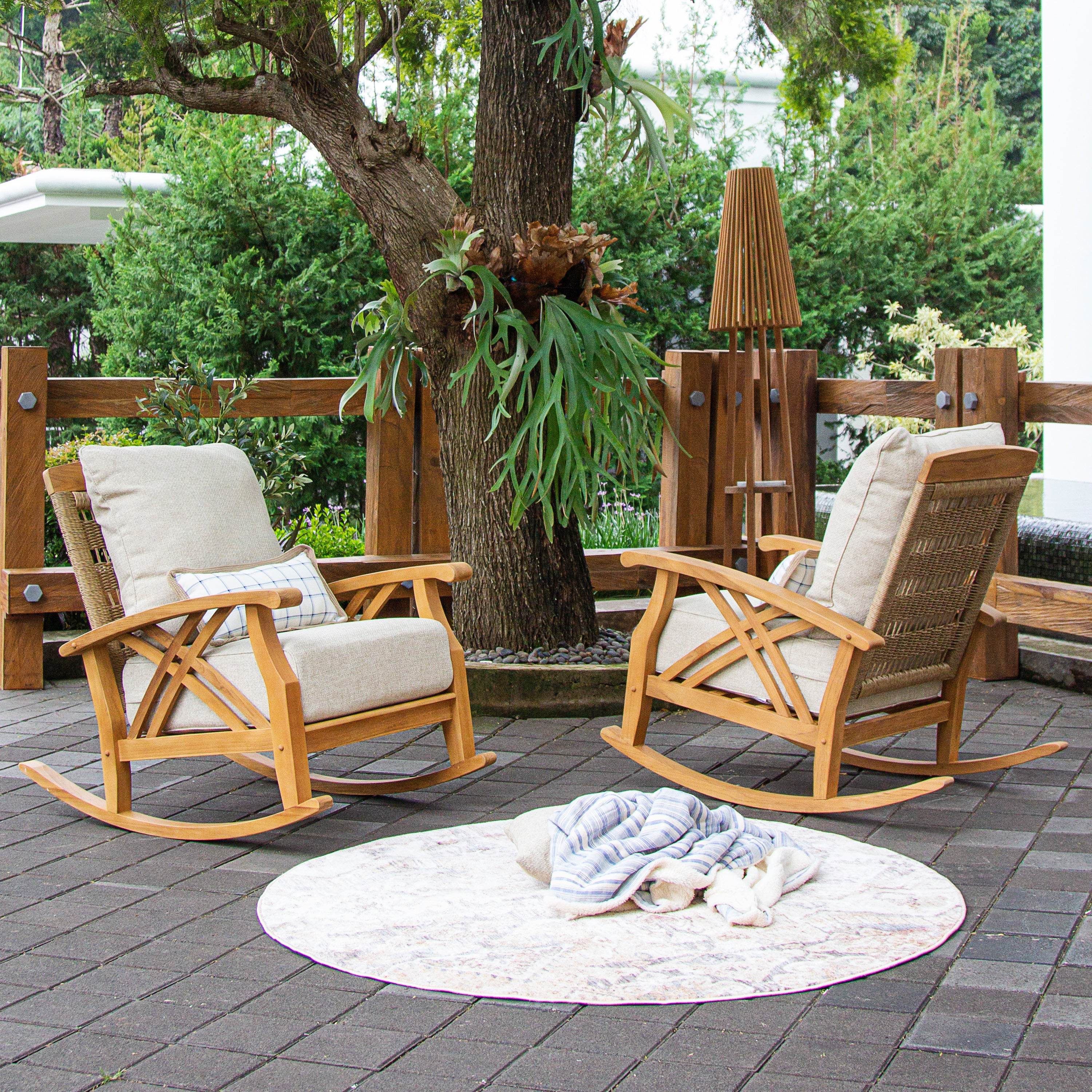 Carmel Teak Wood Patio Rocking Chair with Tan Cushion - Image 6