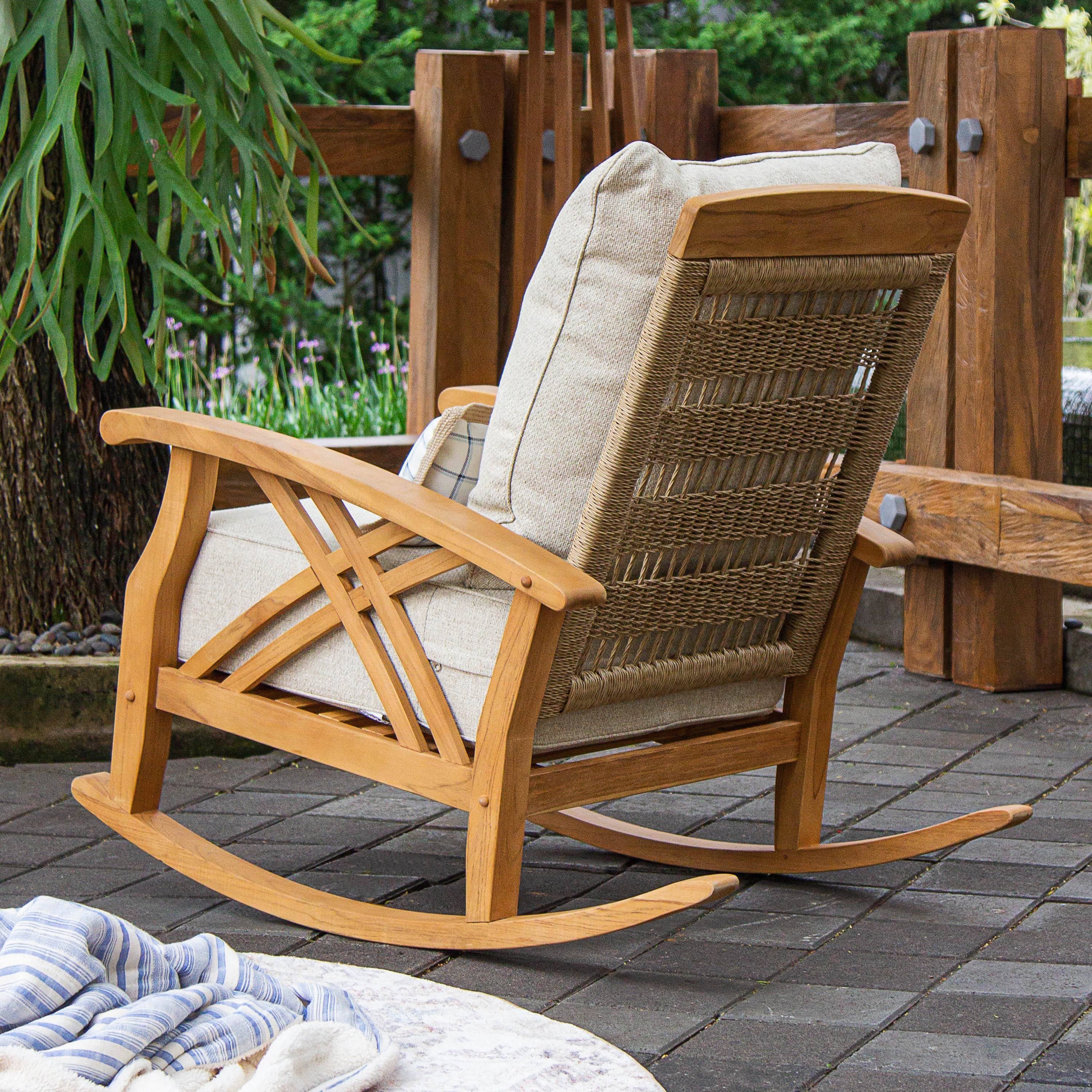 Carmel Teak Wood Patio Rocking Chair with Tan Cushion - Image 7