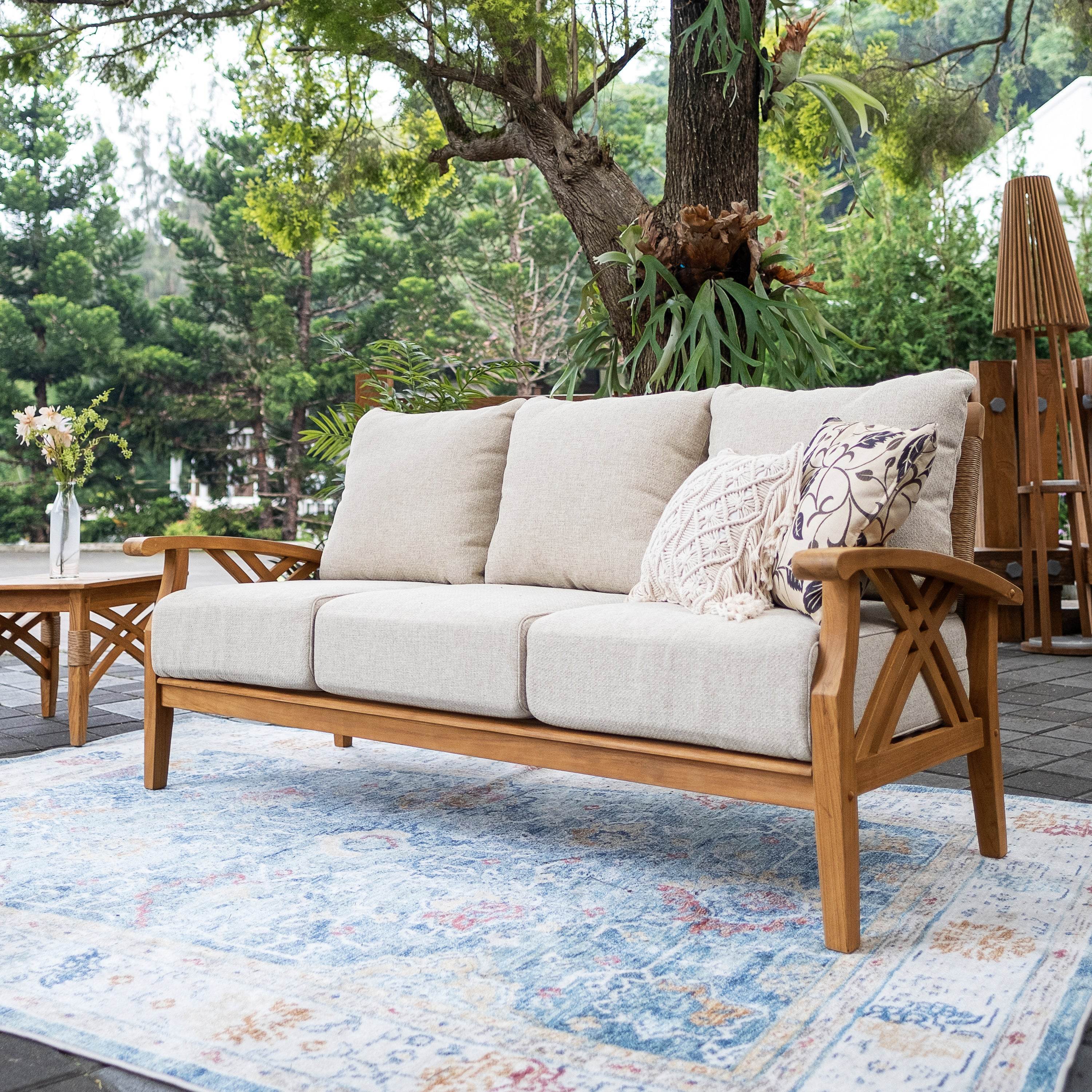 Carmel Teak Wood Patio Sofa with Tan Cushion - Image 3